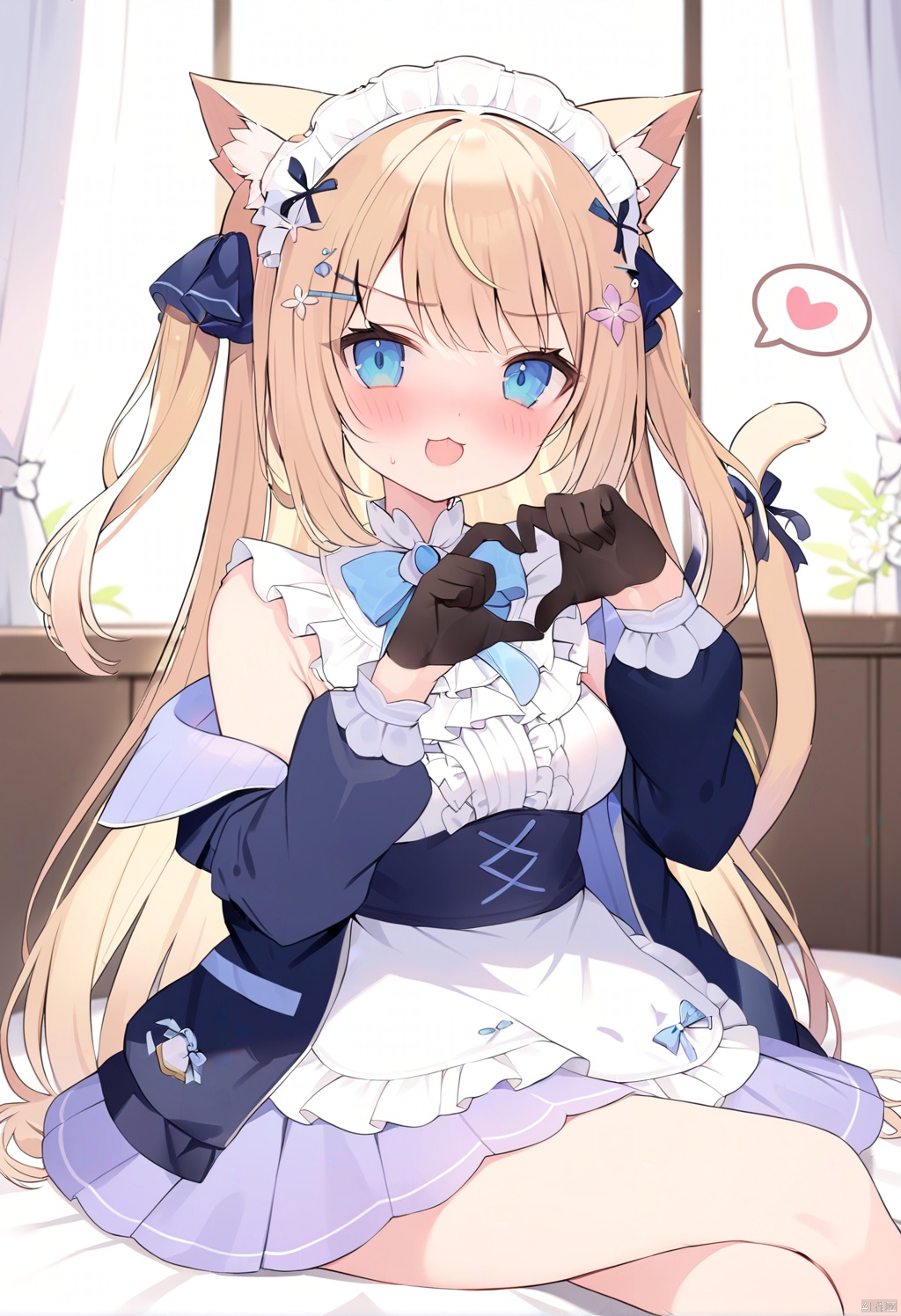solo,maomao,1girl, solo, long hair, looking at viewer,bangs, blue eyes, skirt, blonde hair, hair ornament, gloves, long sleeves, dress, bow, ribbon, medium breasts, very long hair, jacket, hair ribbon, flower, frills, open clothes, sleeveless, black gloves, hairclip, cat ears, hair flower, off shoulder, apron, open jacket, two side up, black jacket, v-shaped eyebrows, cat tail, animal ear fluff, maid headdress, blue bow, (blush),eyes_half-closed,sitting on bed,black jacket, cat tail, blue bow,(masterpiece:1.3),(beautiful:1.2),(high quality:1.2),(finely detailed:1.2),extremely detailed CG unity 8k wallpaper,best quality,a very delicate and beautiful,perfect fingers,(one cute girl at the center:1.2),room background,eyes_half_closed,spoken_heart,sitting,open_mouth,eye_narrowed,crossed_legs,heart hands,:3