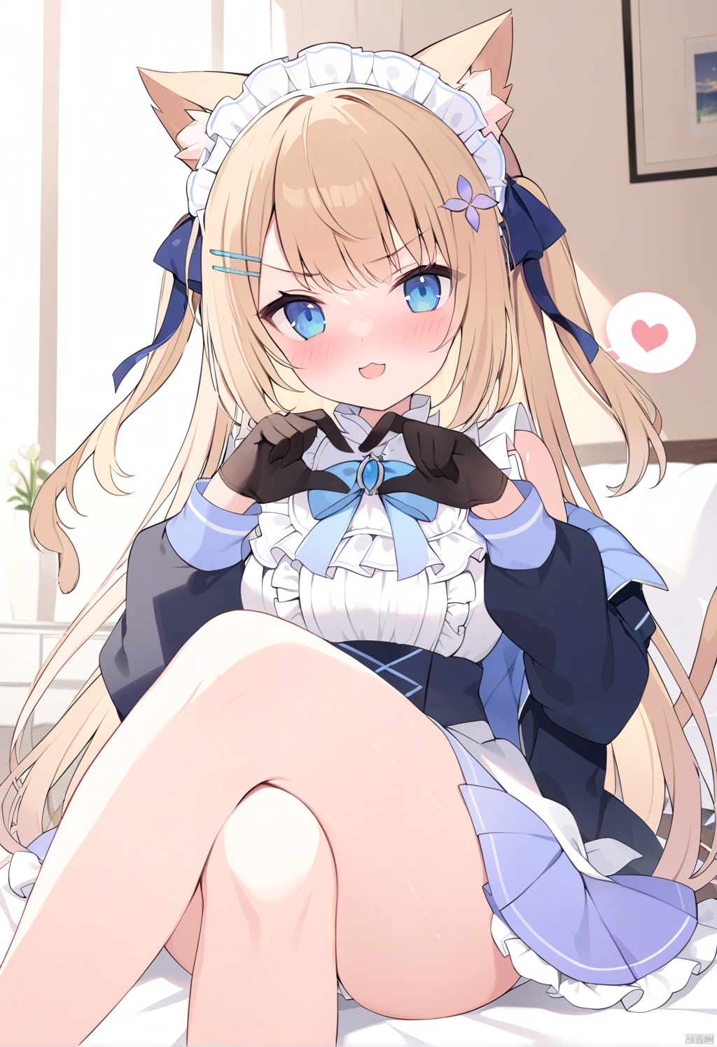 solo,maomao,1girl, solo, long hair, looking at viewer,bangs, blue eyes, skirt, blonde hair, hair ornament, gloves, long sleeves, dress, bow, ribbon, medium breasts, very long hair, jacket, hair ribbon, flower, frills, open clothes, sleeveless, black gloves, hairclip, cat ears, hair flower, off shoulder, apron, open jacket, two side up, black jacket, v-shaped eyebrows, cat tail, animal ear fluff, maid headdress, blue bow, (blush),eyes_half-closed,sitting on bed,black jacket, cat tail, blue bow,(masterpiece:1.3),(beautiful:1.2),(high quality:1.2),(finely detailed:1.2),extremely detailed CG unity 8k wallpaper,best quality,a very delicate and beautiful,perfect fingers,(one cute girl at the center:1.2),room background,eyes_half_closed,spoken_heart,sitting,open_mouth,eye_narrowed,crossed_legs,heart hands,:3