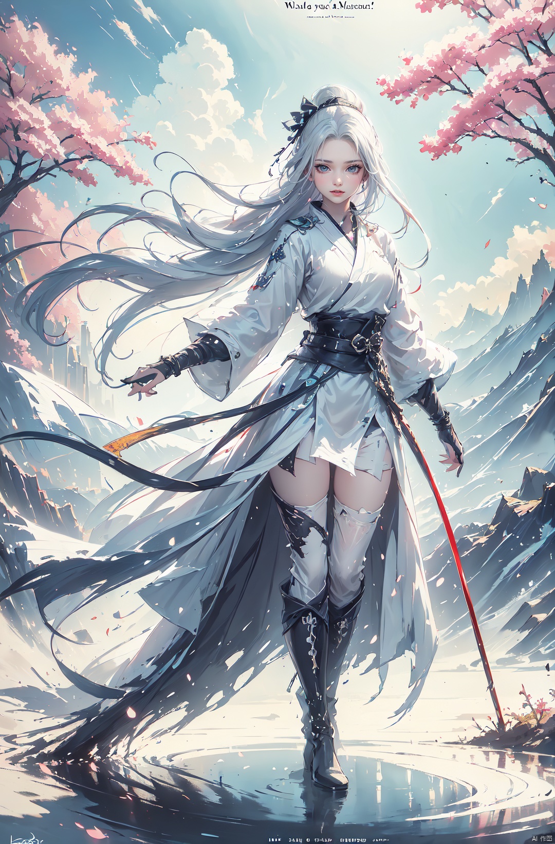  ((best quality)), ((masterpiece)), ((ultra-detailed)), (illustration), (detailed light), (an extremely delicate and beautiful),((trim)),
incredibly_absurdres,(ray tracing),(reflection light),(Autumn),
((Movie Poster)),(signature),(English text:1.8),((beautiful sky)),(stream),((mountain)),(cloud),((wetland)),((Salar de Uyuni)),(torii), (Cherry_blossom_tree),((fog)), (((border))),((trim))

(1girl:1.7),((solo)),((a beautiful girl)),(((full body shot))),((standding on liquid)),(facing away),(+perfect hand+:1.21),(((white coat))),((beautiful white dress+white knee boots)),((Belts)),((white hat)),(white scarf),(leg loops),(((long white_hair))),

((Movie Poster)),(signature),(English text:1.8),((beautiful sky)),(stream),((mountain)),(cloud),((wetland)),((Salar de Uyuni)),(torii), (Cherry_blossom_tree),((fog)), (((border))),((trim))
, (\shen ming shao nv\), mengbaobao