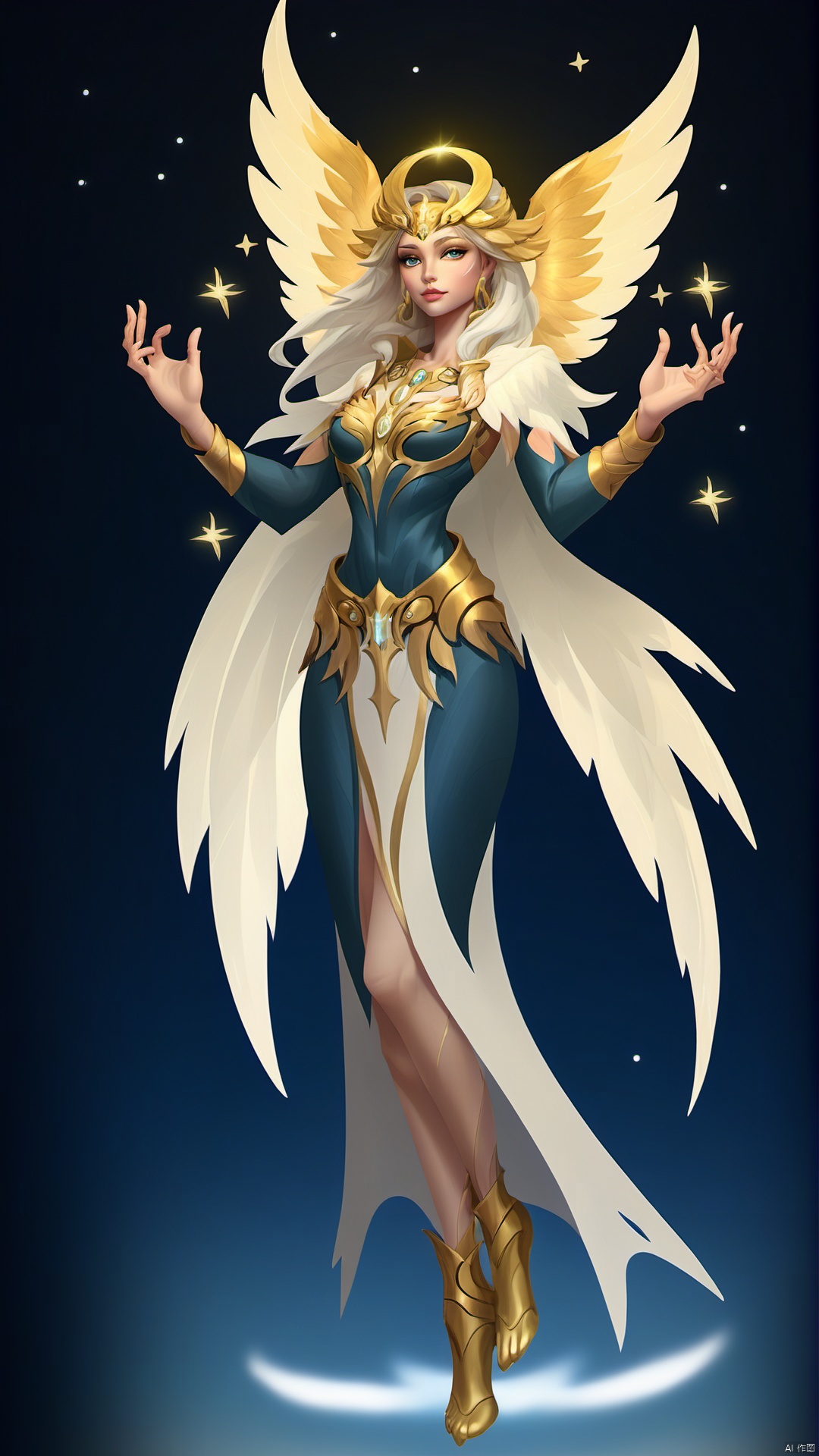 A supernatural angel named female, the appearance shows a mysterious and bright temperament, she wears a gorgeous robe woven by stars and moonlight, every step is like dancing stars and the Milky Way. A halo shines above her head, symbolizing her divine mission and the source of her power. The wings of the female supernatural angel are covered with golden feathers, showing her elegance and mystery, and her eyes are deep and crystal, as if they can see the essence of everything