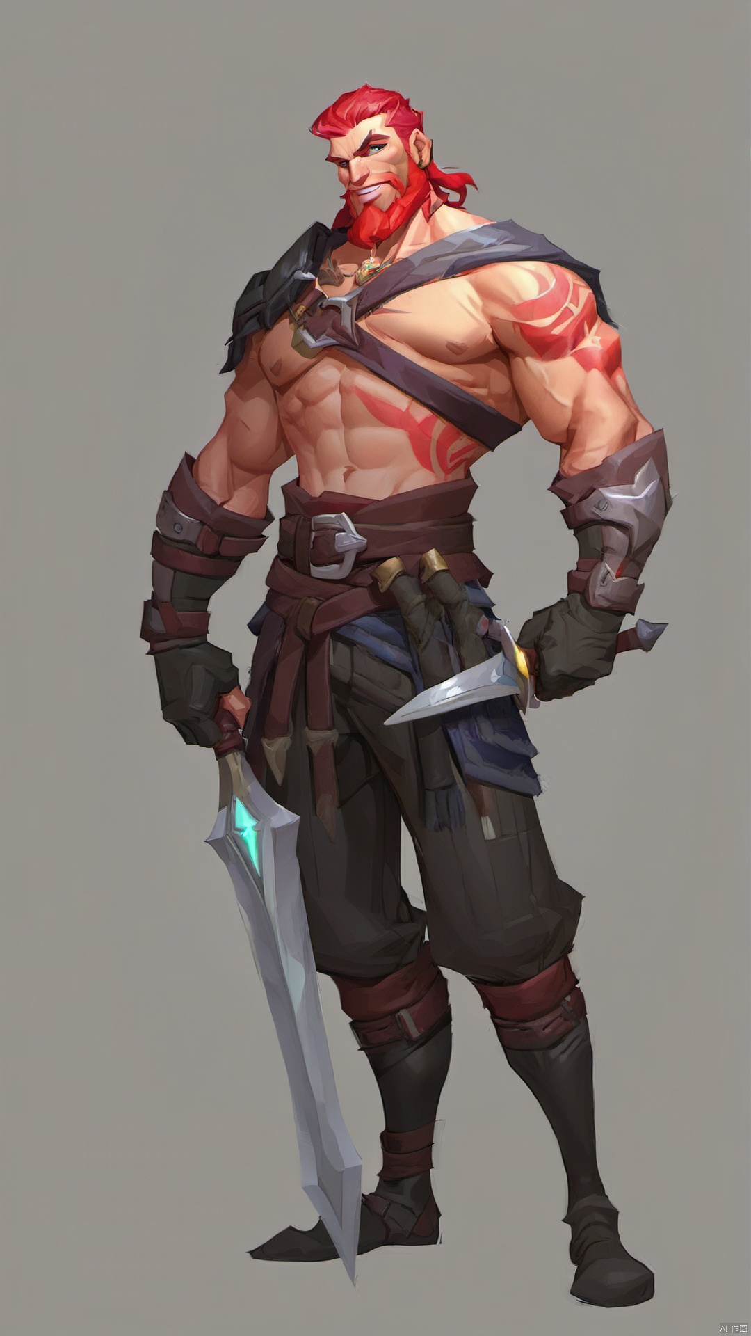 grey background, 1boy, holding, weapon, over shoulder, male focus, solo, weapon over shoulder, holding weapon, facial hair, muscular, pants, sword, simple background, holding sword, gloves, beard, pouch, belt, topless male, abs, muscular male, full body, colored skin, pectorals, teeth, fingerless gloves, boots, standing, collarbone, earrings, glowing, tattoo, red hair, navel, black pants, smile