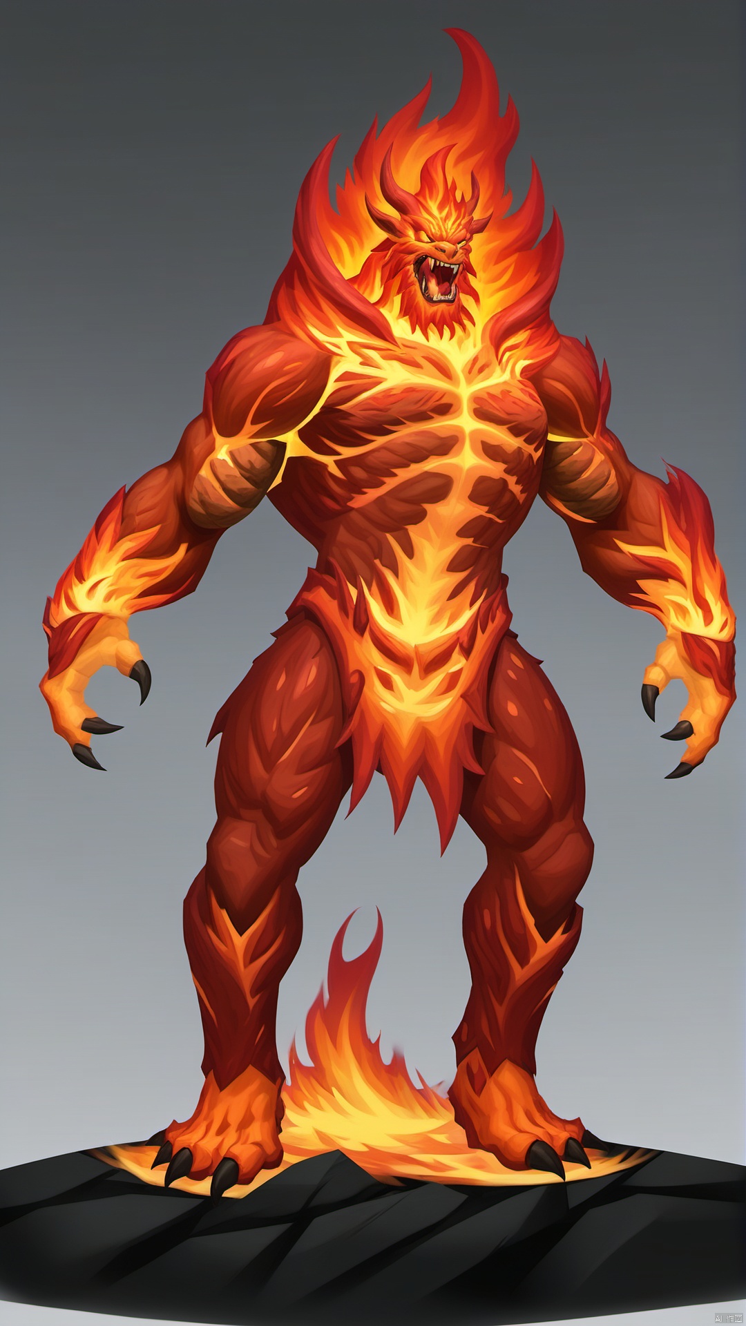 A fire monster called the Burning Beast. The beast was large and covered in blazing fire, with powerful limbs and blazing eyes. Its entire body is covered with a hardened rock shell, as if lava were flowing across the surface. The roar of the scorched beast was deafening like a volcanic eruption, and the ground trembled with every step. The fiery energy emanating from it makes the air around it seem to burn, the embodiment of a fiery fury