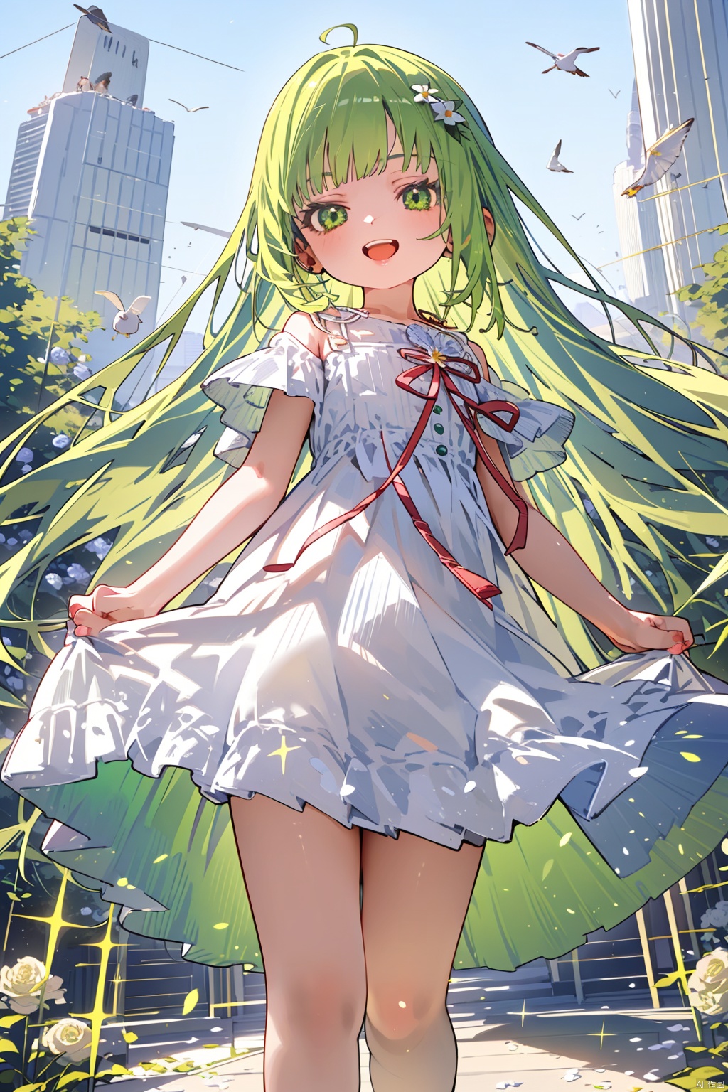  (best quality),(masterpiece),1girl, flower,white dress, solo, green hair, long hair, smile, open mouth, looking at viewer, bangs, white flower, green eyes,
