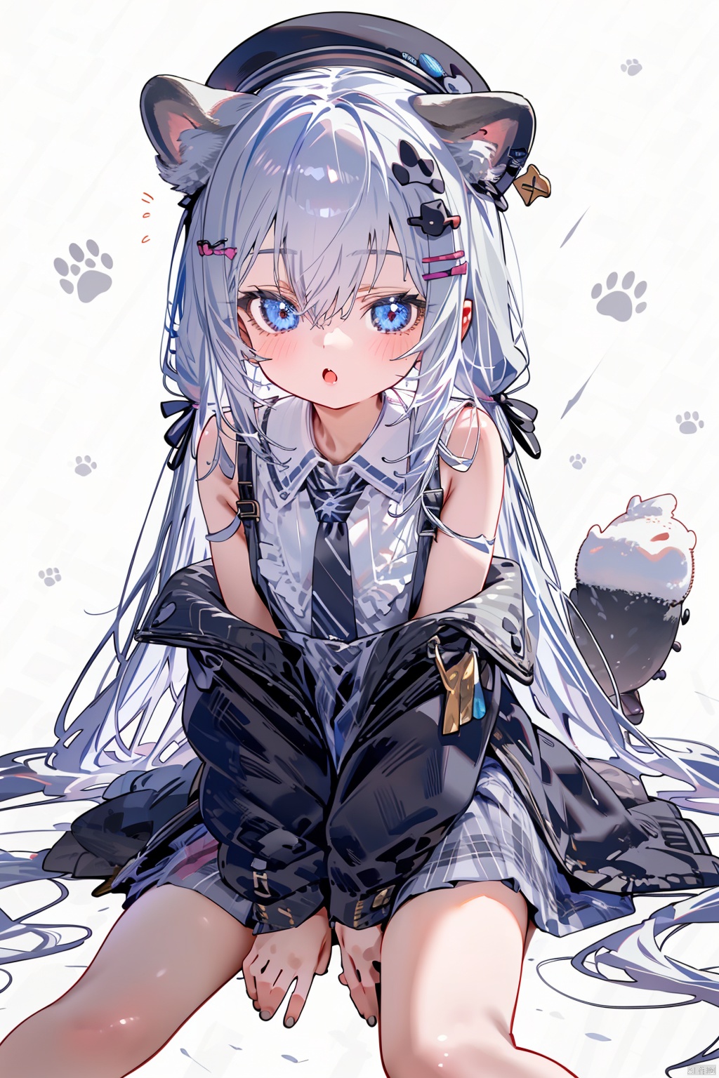  (best quality),(masterpiece),solo, shirt, dog girl, hair bow, skirt, animal ears, bow, dog ears, 1girl, white shirt, sleeveless shirt, tail, black headwear, bangs, sleeveless, detached sleeves, collared shirt, twin braids, hat, white background, long hair, dog tail, long sleeves, simple background, between legs, black bow, braid, plaid skirt, blush, hair between eyes, grey skirt, bone hair ornament, hand between legs, necktie, signature, bare shoulders, parted lips, arm up, plaid, hair ornament, grey bow, dated, blue eyes, looking at viewer, frilled skirt, twintails, :o, blue necktie, very long hair, low twintails, jacket, fang, sleeves past wrists, black sleeves, hairclip, frills, grey background, black jacket,