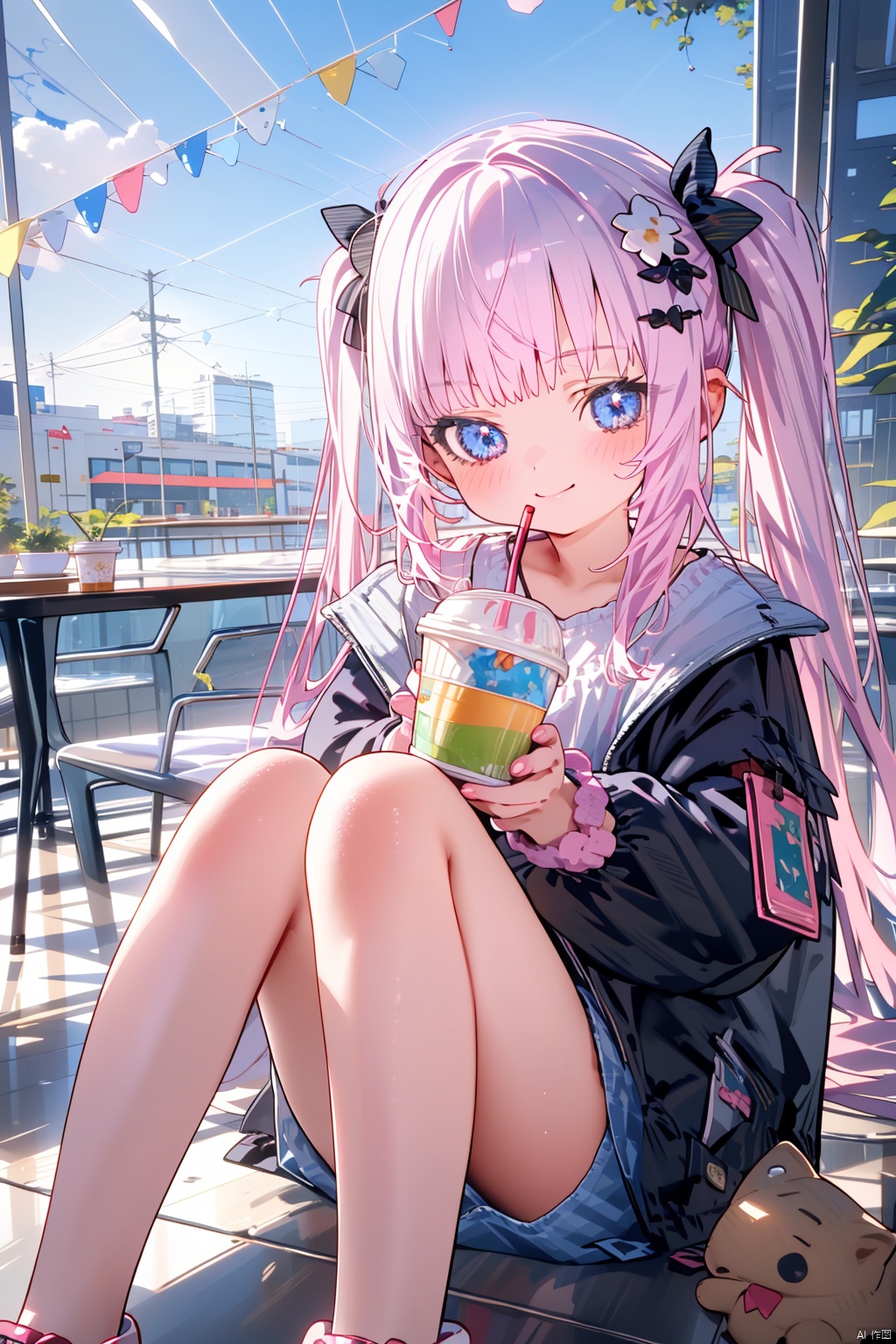  (best quality),(masterpiece),1girl, solo, cup, food-themed hair ornament, short sleeves, food, hair ornament, flower, open jacket, closed mouth, open clothes, holding, bangs, smile, jacket, candy hair ornament, drinking straw, pennant, hair flower, twintails, wrist scrunchie, scrunchie, holding cup, looking at viewer, pants, sitting, long hair, blue eyes, blush, candy wrapper, jewelry, striped, dress, white flower, striped bow, bendy straw, blue jacket, feet out of frame, disposable cup, knees up, macaron, bow, teacup, string of flags, pink scrunchie, ice cube, ringlets