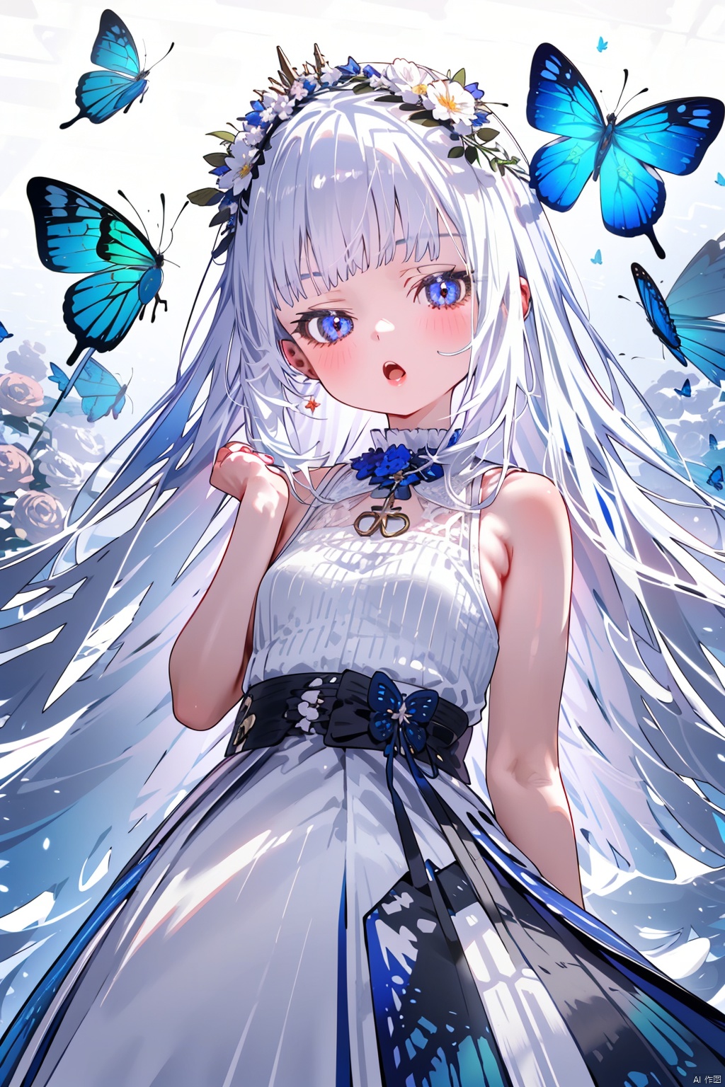  (best quality),(masterpiece),1girl, solo, dress, long hair, blue eyes, butterfly, bug, white dress, head wreath, sleeveless dress, bangs, blue butterfly, breasts, bare shoulders, sleeveless, flower, small breasts, hand up, blush, white hair, looking at viewer, open mouth, plant, very long hair