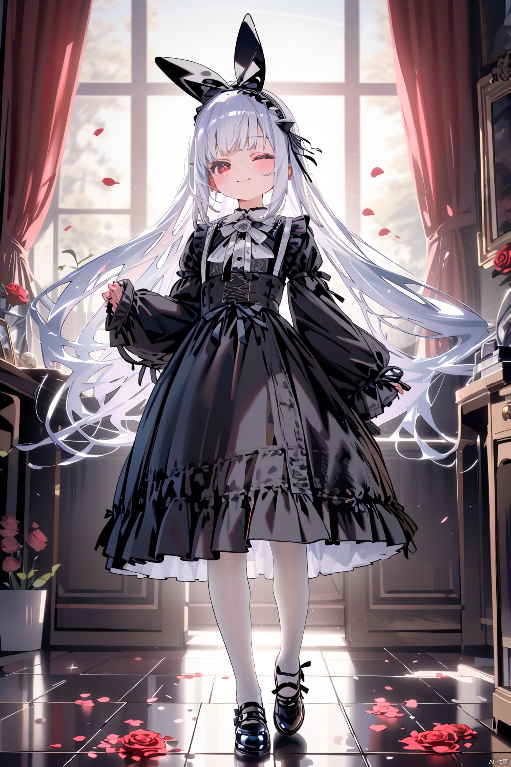  (best quality),(masterpiece),1girl, lolita fashion, long sleeves, dress, long hair, solo, lolita hairband, rose, bangs, white pantyhose, frills, black dress, white hair, puffy sleeves, closed mouth, gothic lolita, pantyhose, flower, red eyes, hairband, petals, black rose, black flower, very long hair, black footwear, blurry foreground, shoes, food, standing, juliet sleeves, sleeves past wrists, blurry, cake, closed eyes, smile, blush, bow, frilled dress, depth of field, frilled sleeves, floating hair, wide sleeves, curtains, blue bow, rabbit, watermark, full body, hair ornament, 