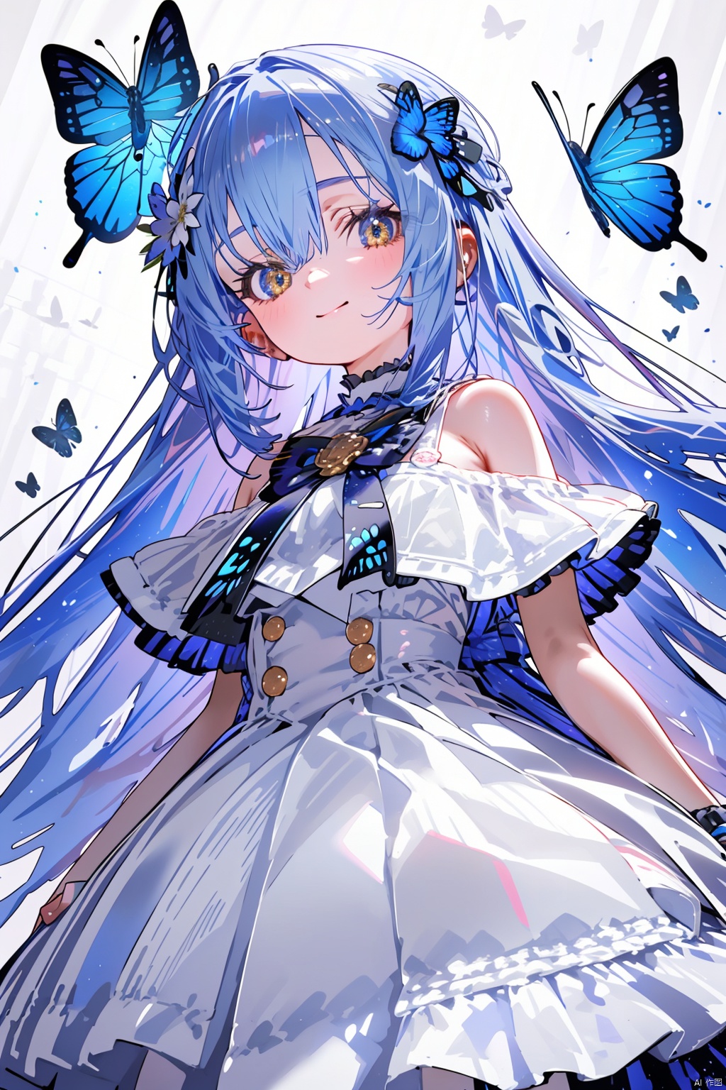  (best quality),(masterpiece),1girl, hair ornament, butterfly hair ornament, solo, long hair, dress, flower, sonoda umi, looking at viewer, blue hair, bow, bangs, hair flower, smile, frills, yellow eyes, pink bow, hair between eyes, white dress, closed mouth, frilled dress, butterfly, bare shoulders, white background, very long hair, bowtie