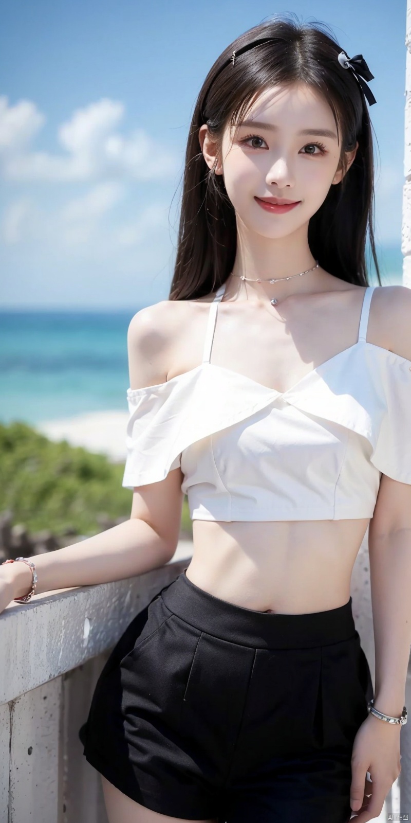  cowboy_shot,(Good structure), DSLR Quality,Short skirt,Blue sky, white clouds, ocean, nai3, 1girl, solo, crop top, , choker, navel, shirt, midriff, crop top overhang, looking at viewer, white shirt, jewelry, breasts, bare shoulders, off-shoulder shirt, off shoulder, black choker, thighs, stomach, long hair, bracelet, short sleeves, ribbon, hand up, collarbone, hair ribbon, medium breasts, , bra strap, , hair ornament, thigh gap, necklace, expressionless, , ,kind smile, ,  duling