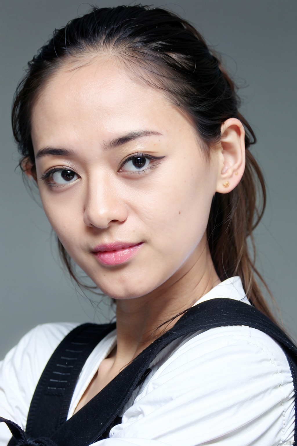  solo, blue background, 1girl, realistic, black hair, looking at viewer, simple background, sailor collar, school uniform, shirt, white shirt, black eyes, bow, smile, serafuku, blue sailor collar, upper body, closed mouth, signature, short hair, portrait