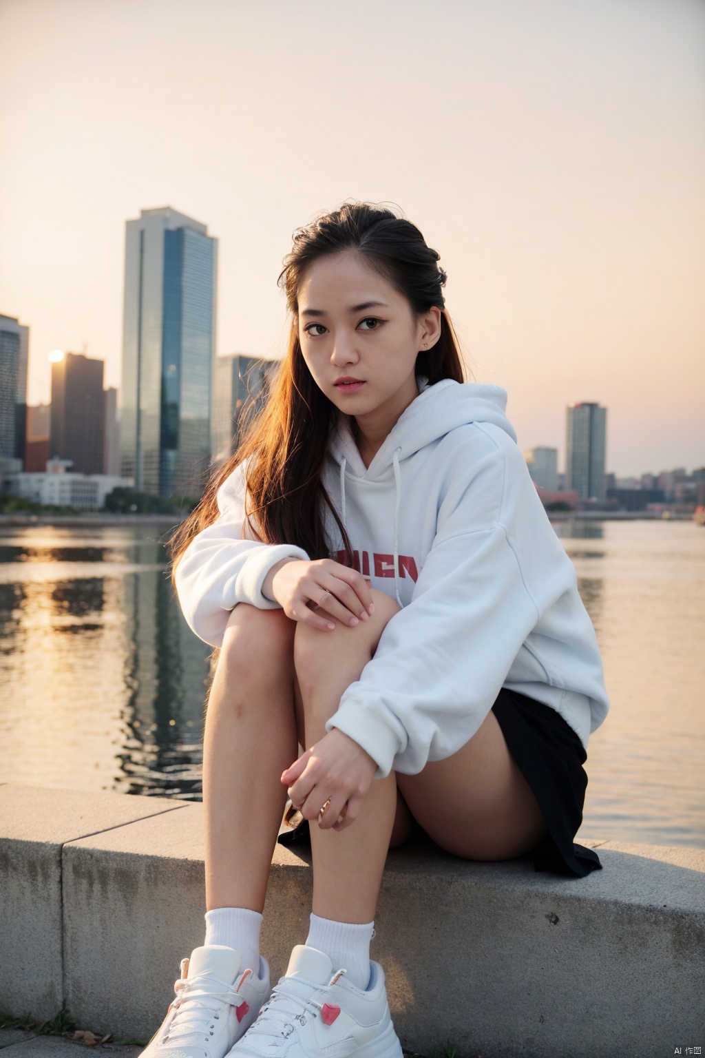  (best quality), (masterpiece), 1girl, hoodie, white hoodie, long hair, skirt, shoes, sitting, outdoors,black eyes, black hair, long sleeves, bangs, hair ornament, sleeves past wrists, sneakers, day, pleated skirt, sky, cloud, black skirt, solo, blue sky, ahoge, hair between eyes, very long hair, closed mouth, white footwear, looking at viewer, blush, drawstring (hdr:1.4), high contrast, (cinematic, teal and orange:0.85), (muted colors, dim colors, soothing tones:1.3), low saturation, jiaxin