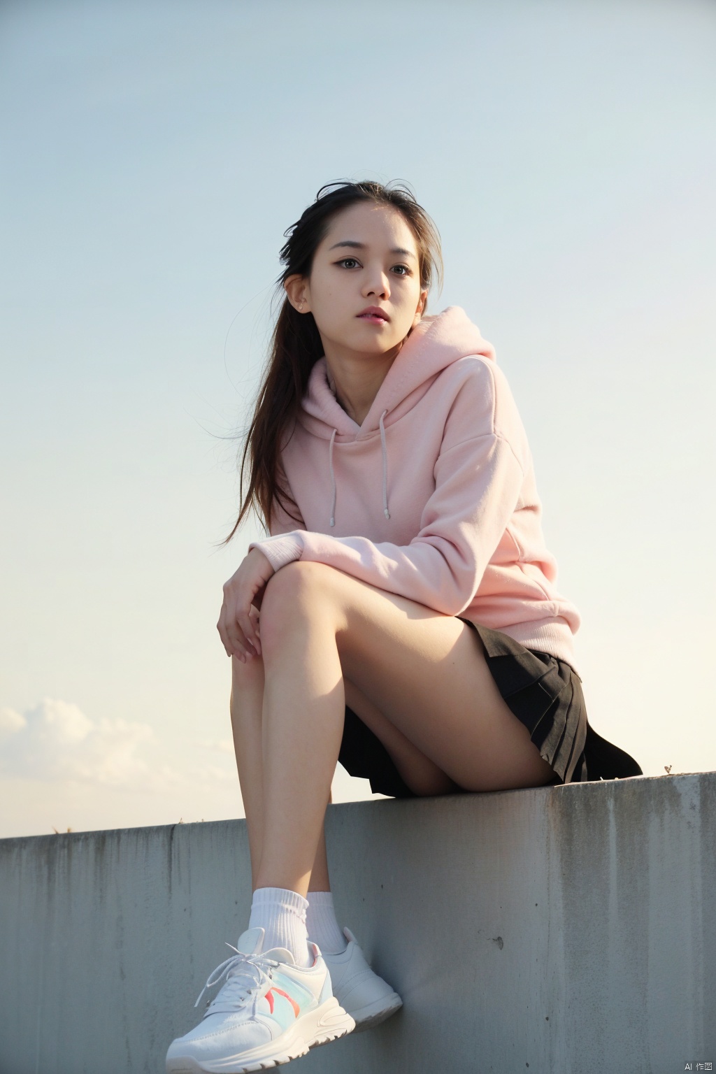  (best quality), (masterpiece), 1girl, hoodie, white hoodie, long hair, skirt, shoes, sitting, outdoors,black eyes, black hair, long sleeves, bangs, hair ornament, sleeves past wrists, sneakers, day, pleated skirt, sky, cloud, black skirt, solo, blue sky, ahoge, hair between eyes, very long hair, closed mouth, white footwear, looking at viewer, blush, drawstring (hdr:1.4), high contrast, (cinematic, teal and orange:0.85), (muted colors, dim colors, soothing tones:1.3), low saturation, jiaxin