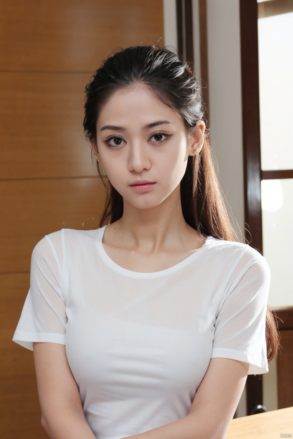 1girl, solo, long hair, looking at viewer, shirt, black hair, closed mouth, white shirt, upper body, indoors, black eyes, lips, window, watermark, realistic, nose