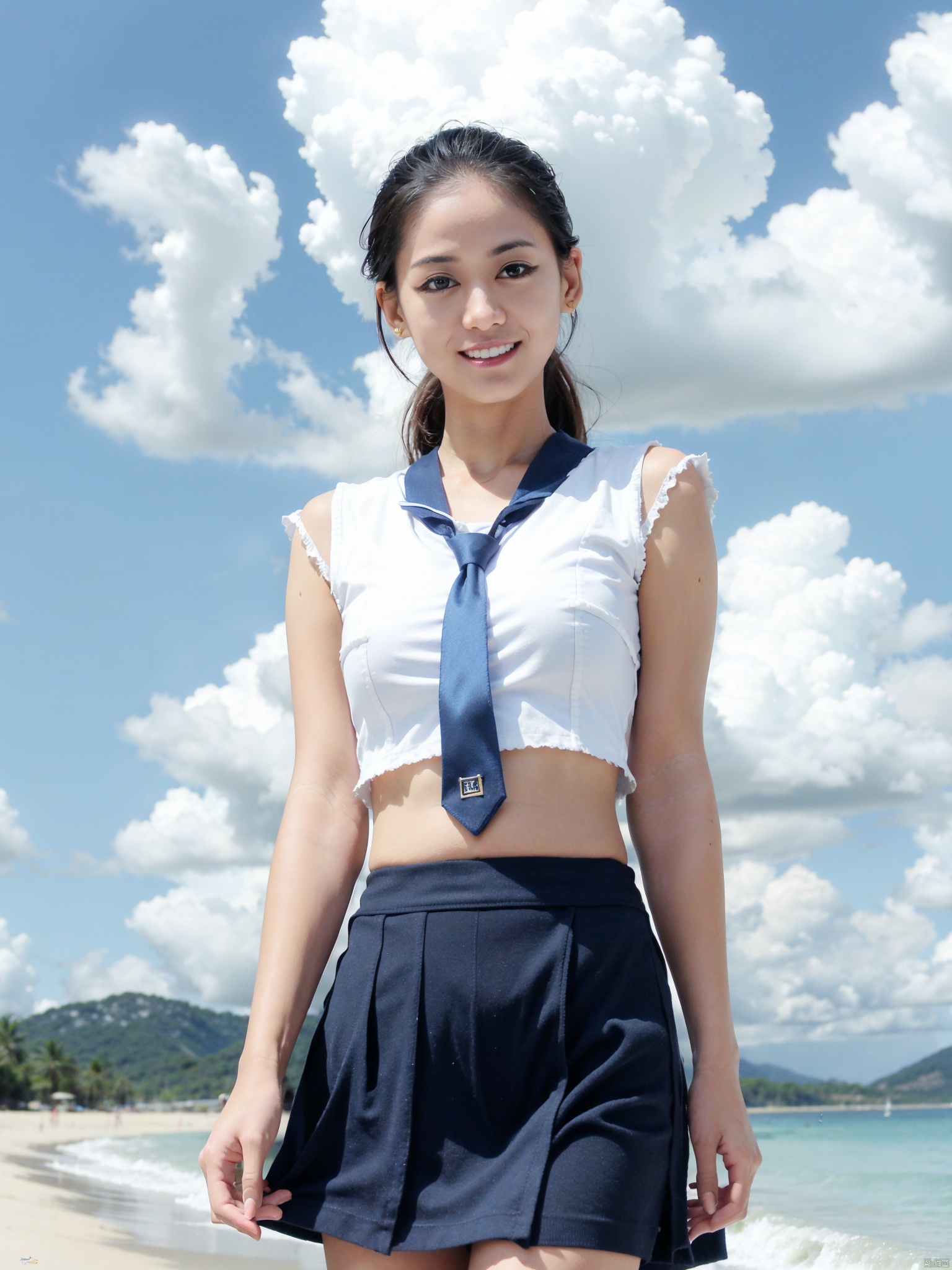  cowboy shot,(Good structure), DSLR Quality,Blue sky and white clouds on the beach,(high-detail skin) , 8K ultra-hd, , high quality, high resolution,(photo realistic: 1.3) , sailor senshi uniform,blue bow,blue necktie,blue sailor collar,blueskirt,black pantyhose, , ,kind smile, , ((poakl)), 1girl, xiaowu,rabbitears