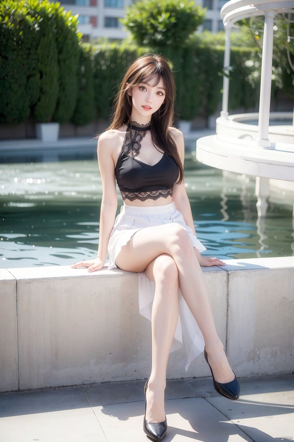 1 girl, with long hair and bangs, looking at the audience, brown eyes, golden hair, lips, lifelike, full body, JK style, black and white pantyhose, lace, outdoor