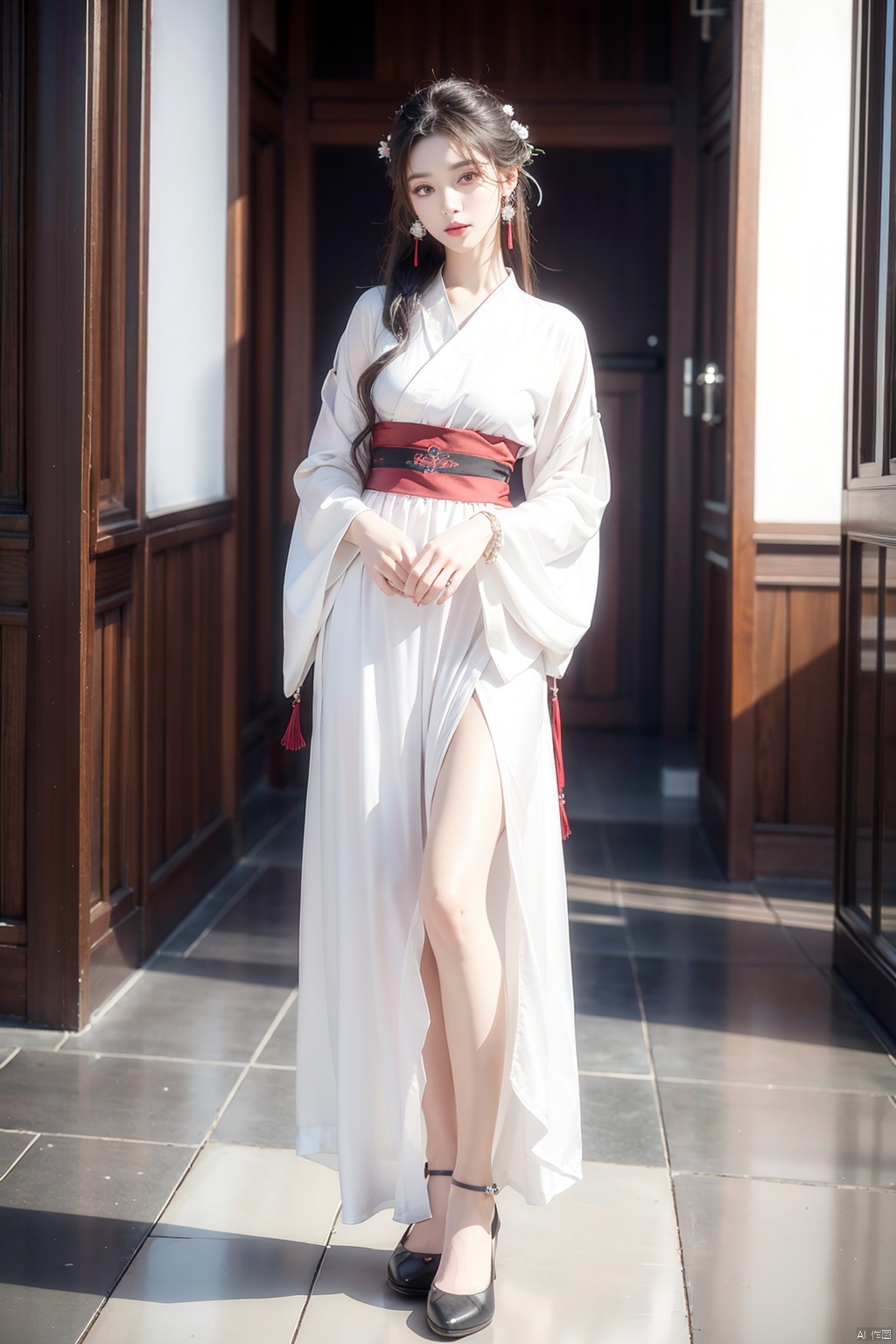 Realism: 1.3, masterpiece, highest quality, high resolution, details: 1.2, 1 girl, hair clip, beautiful face, delicate eyes, tassel earrings, necklace, bracelet, Hanfu, Su embroidered Hanfu, ribbons, elegant standing posture, aesthetics, movie lighting, light tracing, depth of field, layering, fluttering, Hanfu, full body, black and white pantyhose