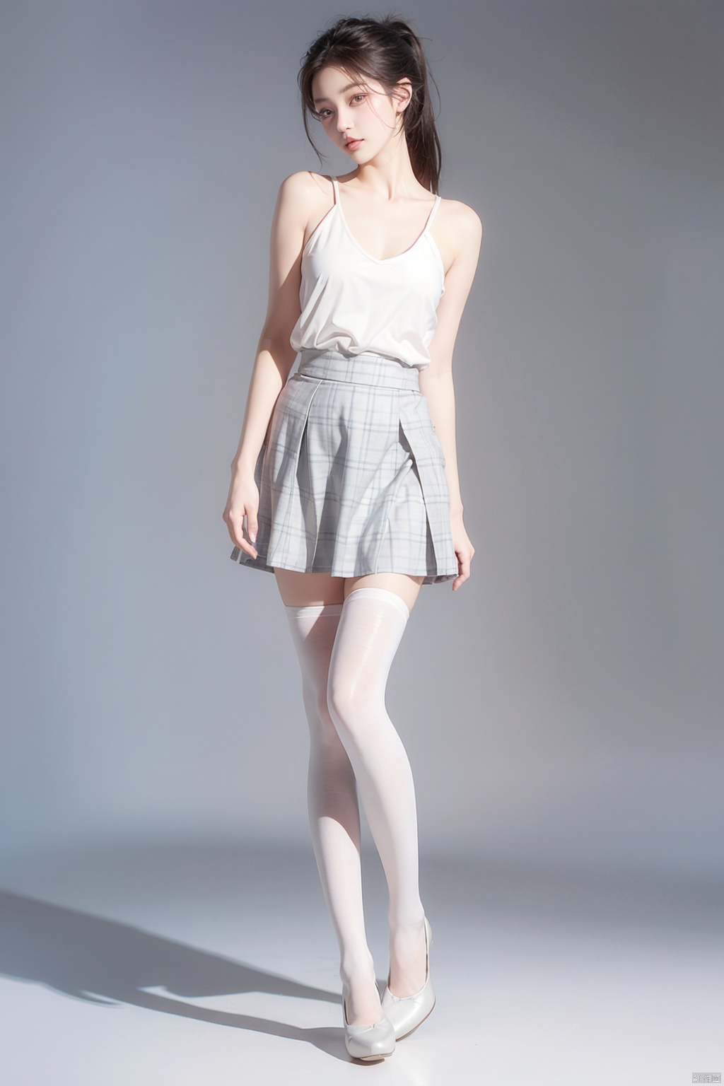 1 girl, single person, long hair, high ponytail, looking at the audience, brown eyes, blond hair, lips, lifelike, whole body, standing, nose red, light powder blusher, collarbone, grey background, JK style, white pantyhose, no shoes, (checkered skirt),