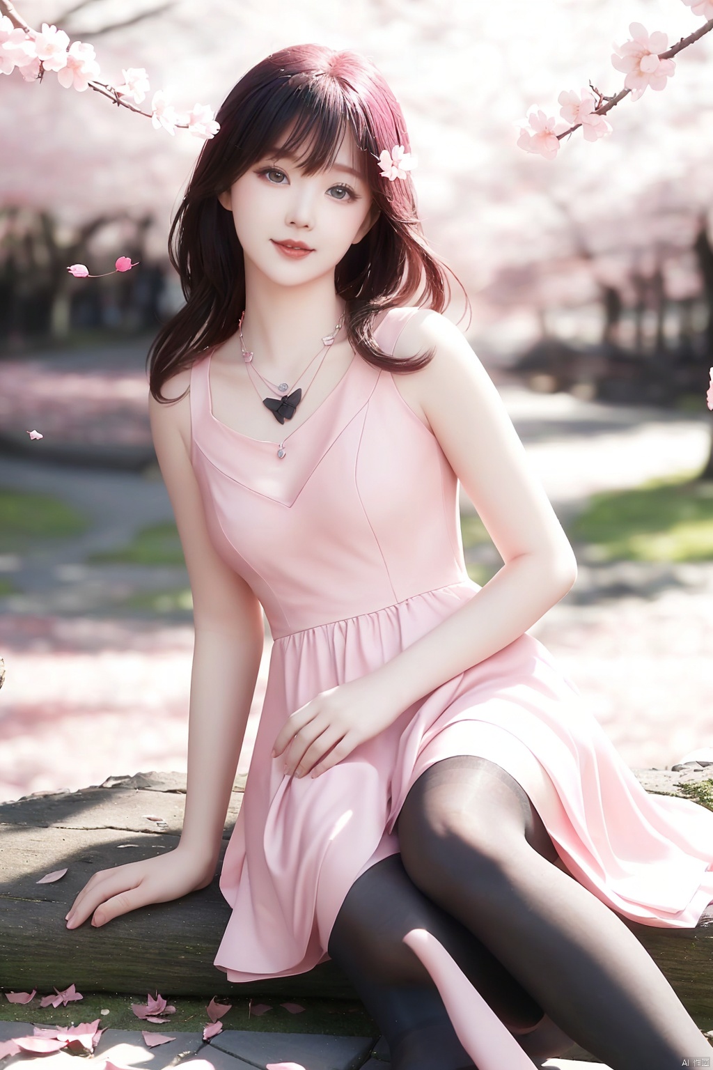 A peerless beauty, under a blooming cherry blossom tree surrounded by pink fallen leaves, wearing a pink dress, sunlight shining through the colorful leaves, black pantyhose, necklace, best quality, 8k

