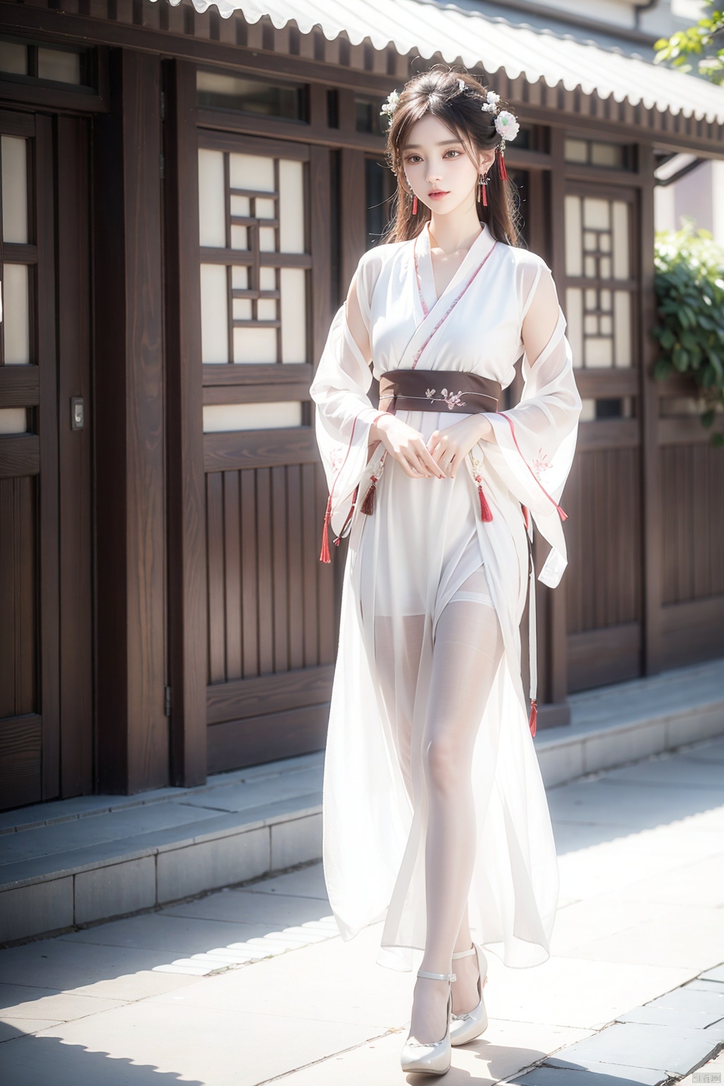 Realism: 1.3, masterpiece, highest quality, high resolution, details: 1.2, 1 girl, hair clip, beautiful face, delicate eyes, tassel earrings, necklace, bracelet, Hanfu, Su embroidered Hanfu, ribbons, elegant standing posture, aesthetics, movie lighting, light tracing, depth of field, layering, fluttering, Hanfu, full body, black and white pantyhose