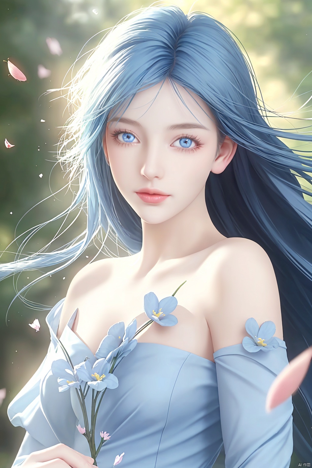 (cowboy shot), ((close-up)), layla_genshin, blue hair, long hair, yellow eyes, pointed ears, bare shoulders, blue detached sleeves, upper body, standing, (masterpiece, high quality, best quality), (colorful),(delicate eyes and face), volumatic light, ray tracing, bust shot ,extremely detailed CG unity 8k wallpaper,solo((flying petal)),(Flowery meadow) sky, blue sky, sunny, light, fantasy, windy, magic sparks, outdoors, park, trees, flowers, lake