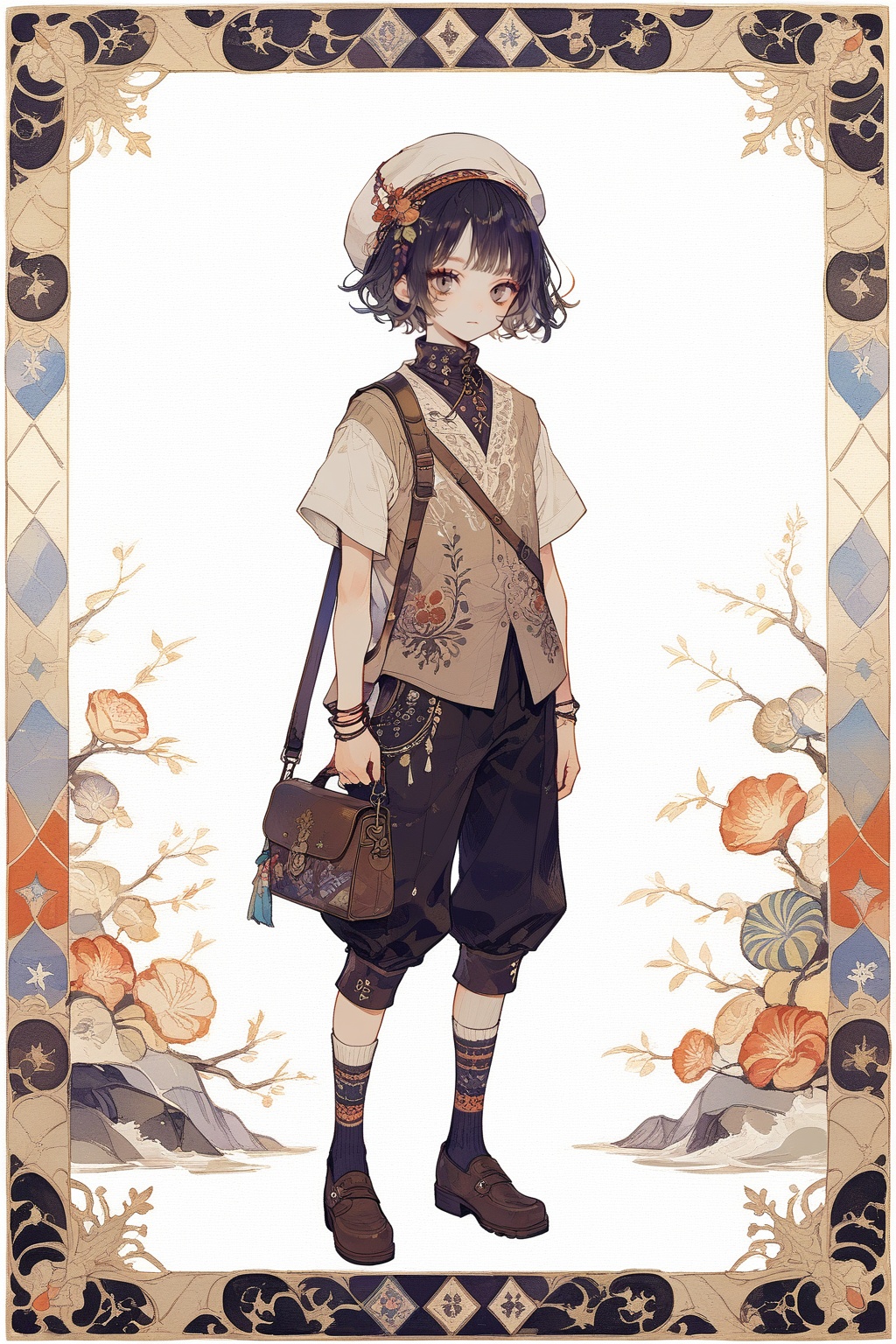 masterpiece, best quality, aesthetic, Seapunk, Antipodeans , kneeling, showing humility, Sami women wear gákti, traditional clothing with colorful patterns and designs representing their region, abs,  bag, black eyes, black hair, black pants, brown footwear, brown shirt, brown skirt, closed mouth, english text, full body, hat, kneehighs, leaf, looking at viewer, looking to the side, male focus, pants, shirt, shoes, short hair, short sleeves, shoulder bag, simple background, skirt, socks, solo, standing, white background, white footwear, wing collar,warrior, upper body ,emo