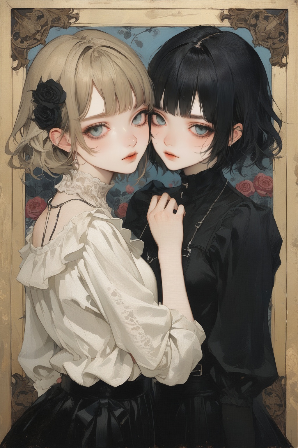 masterpiece, best quality, aesthetic, 2girl, oil painting \(medium\),emo