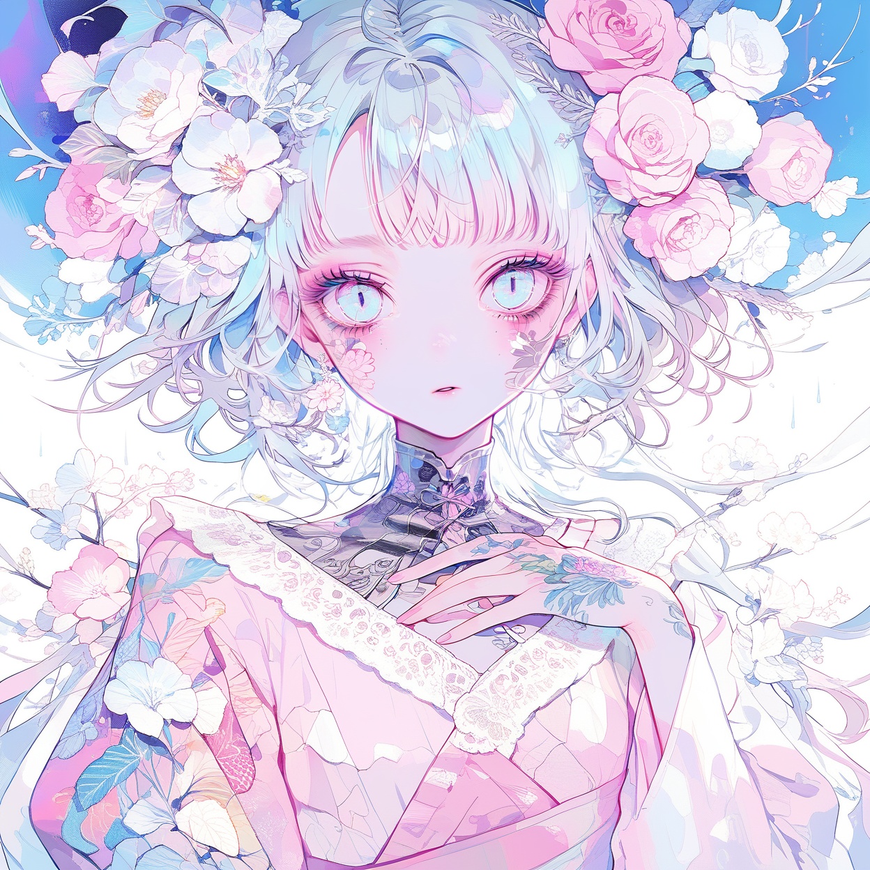 a woman with tattoos and a flower in her hair, wearing a pink outfit and holding a flower in her hand, Artgerm, blue and pink color scheme, cyberpunk art, synchromism,
masterpiece, best quality, aesthetic, 