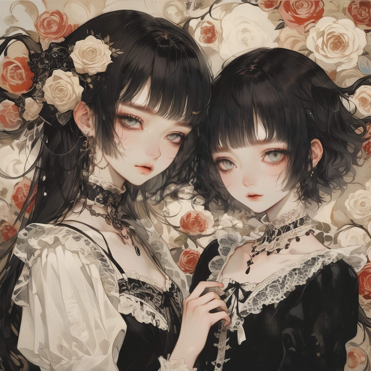 masterpiece, best quality, aesthetic, 2girls, oil painting \(medium\), emo, 