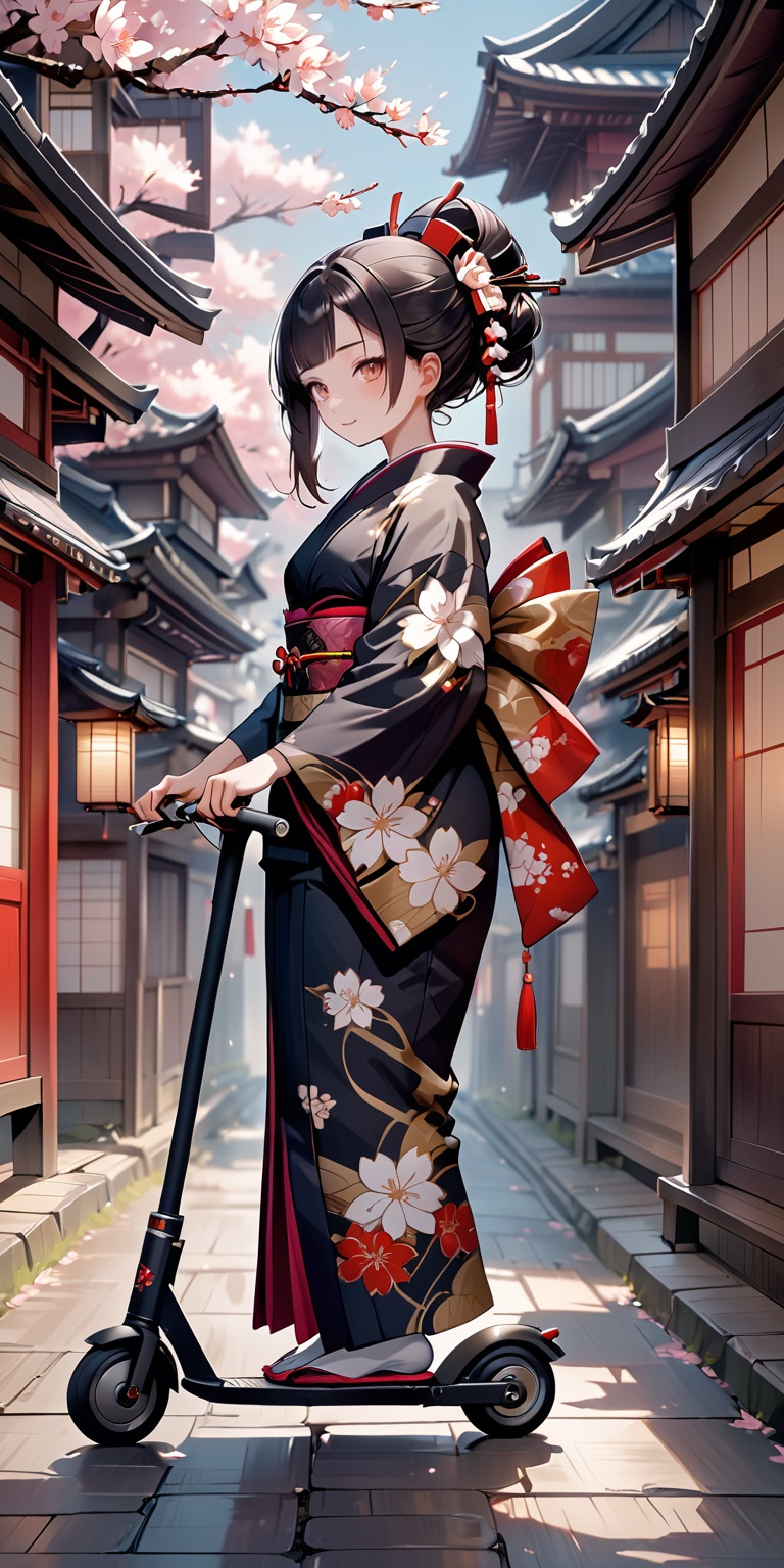 geisha girl,  elegantly gliding through the streets on a kick scooter,  her traditional kimono flowing behind her. Despite...