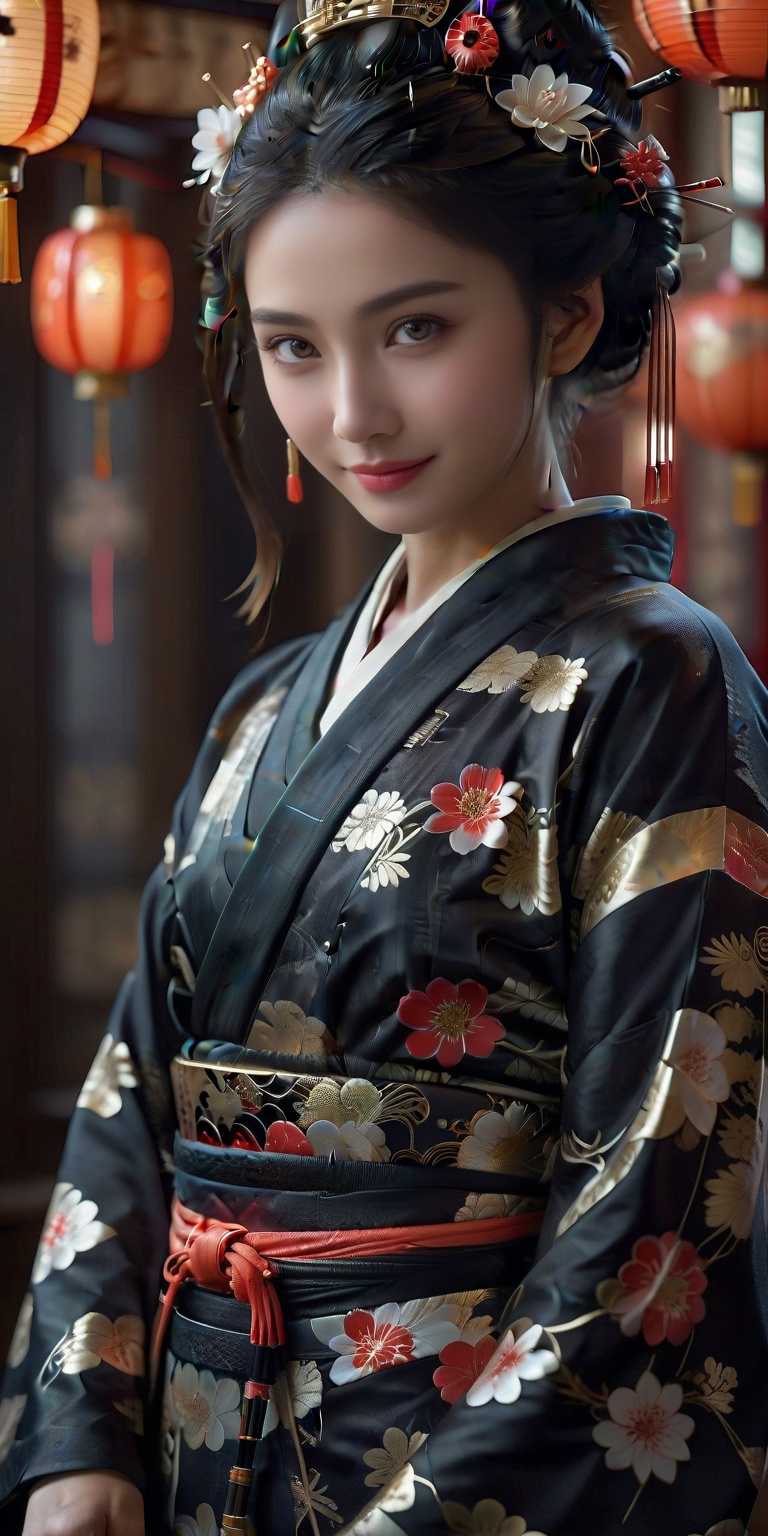 Beautiful Japanese girl,  a cyber geisha girl,  adorned in a traditional kimono fused with futuristic cybernetic enhanceme...