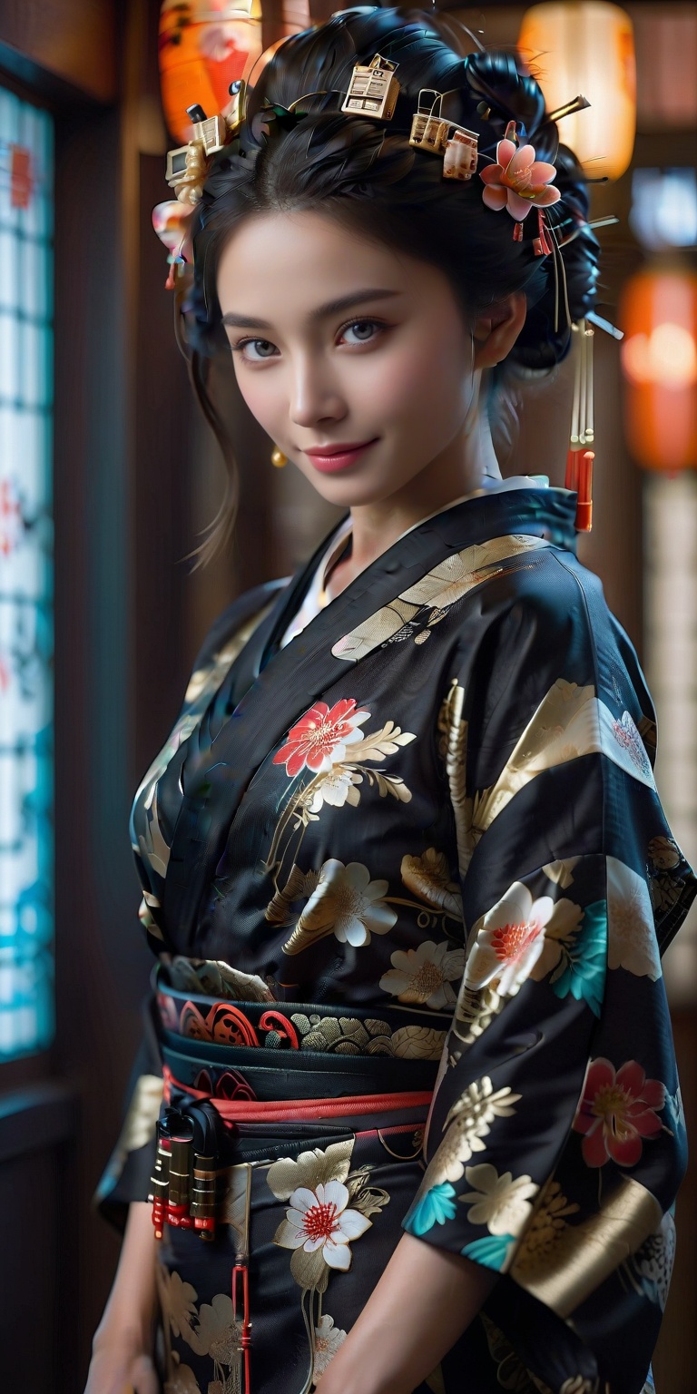 Beautiful Japanese girl,  a cyber geisha girl,  adorned in a traditional kimono fused with futuristic cybernetic enhanceme...