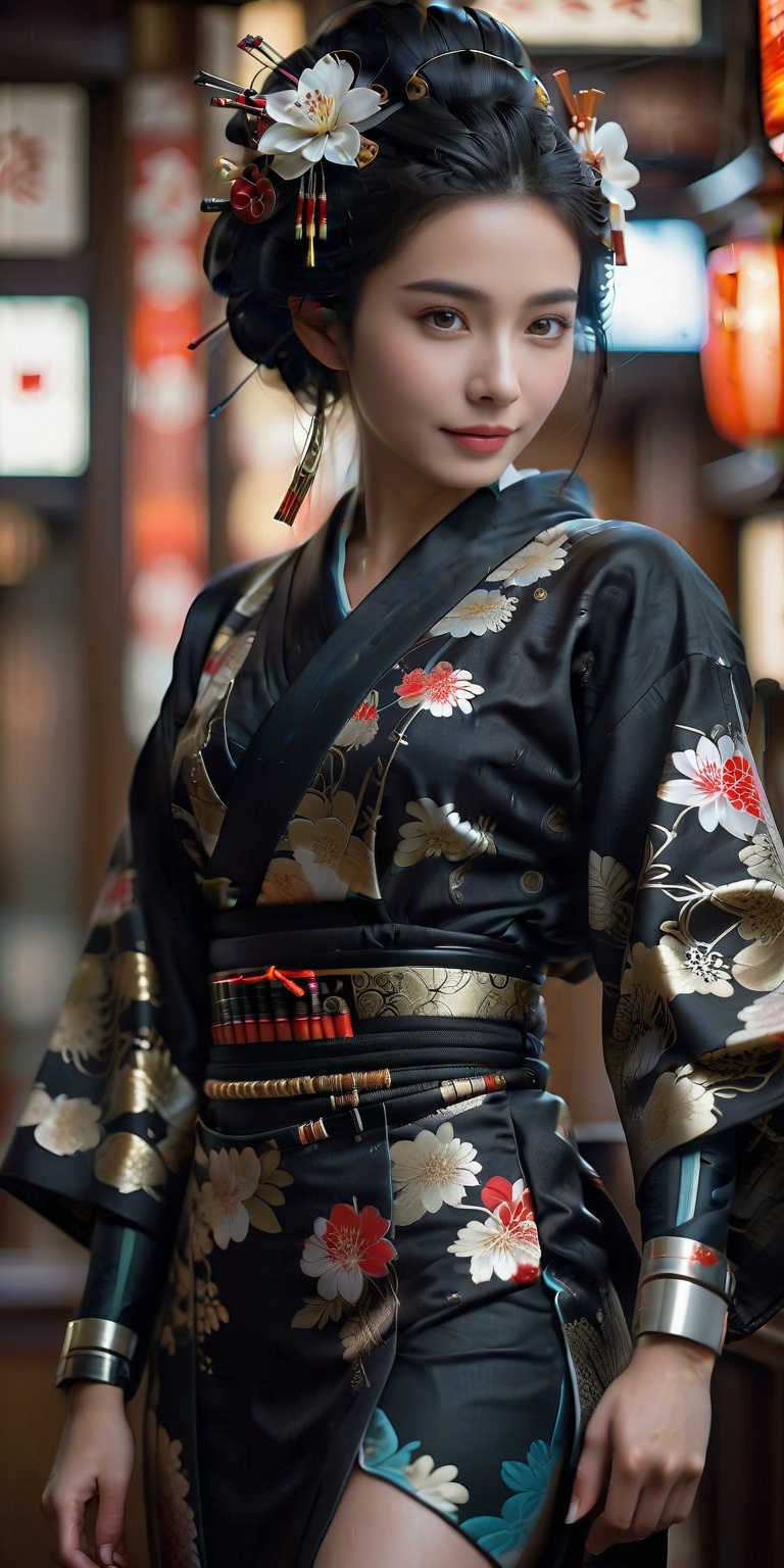 Beautiful Japanese girl,  a cyber geisha girl,  adorned in a traditional kimono fused with futuristic cybernetic enhanceme...