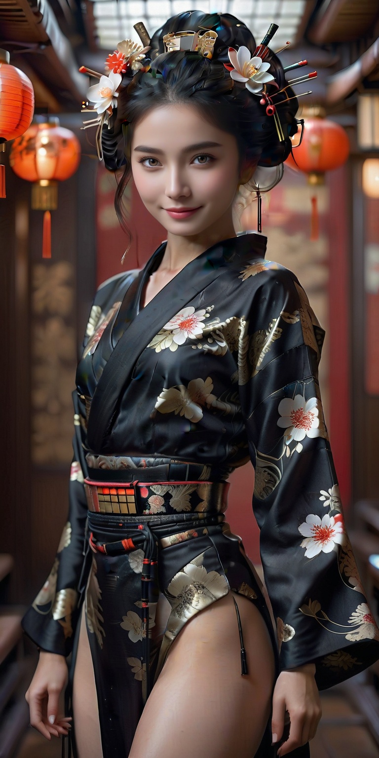 Beautiful Japanese girl,  a cyber geisha girl,  adorned in a traditional kimono fused with futuristic cybernetic enhanceme...