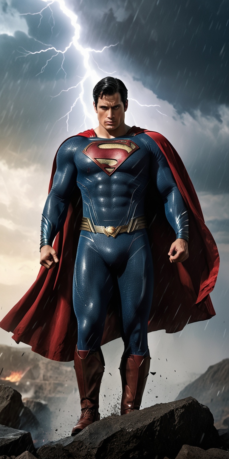 SUPERMAN as King Arthur in the heat of battle. LOGHTNING AT THE SKY rain pours and lightning,  wide angle shot,  hyper-rea...