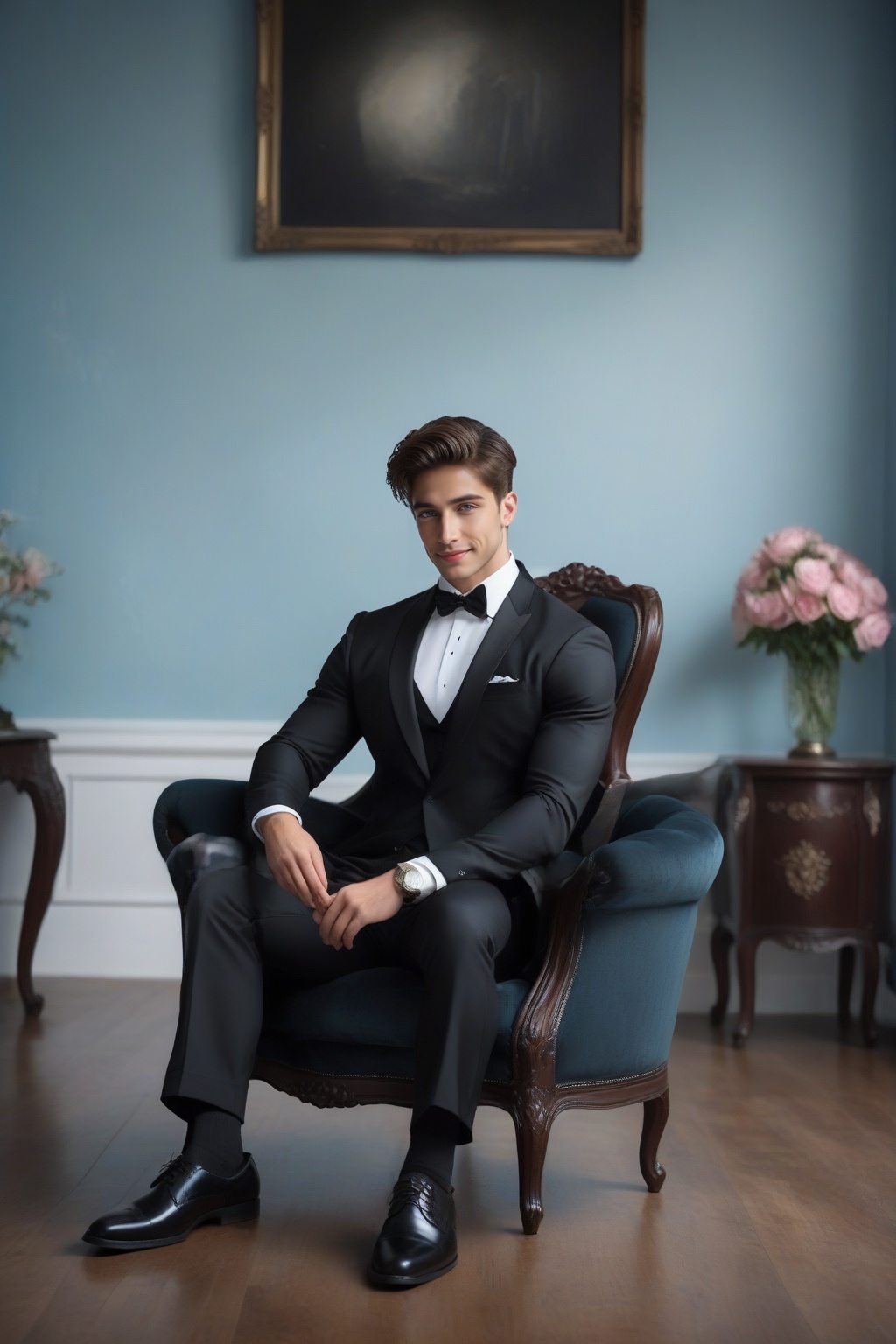imagine the following surreal scene A completely white and empty room. A beautiful man sitting in the center. The man is I...