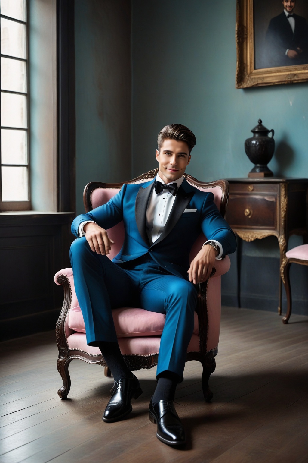 imagine the following surreal scene A completely white and empty room. A beautiful man sitting in the center. The man is I...