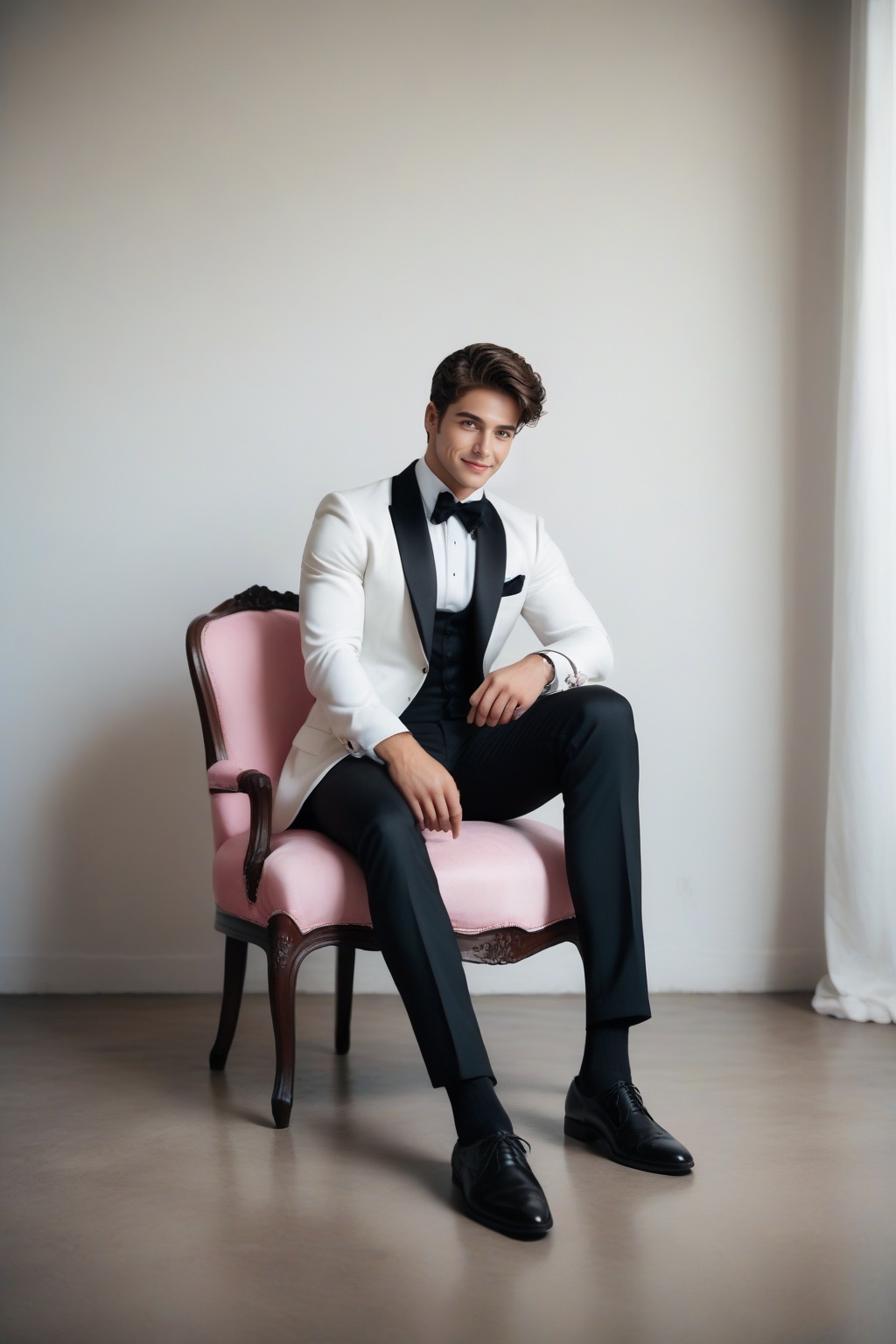 imagine the following surreal scene A completely white and empty room. A beautiful man sitting in the center. The man is I...