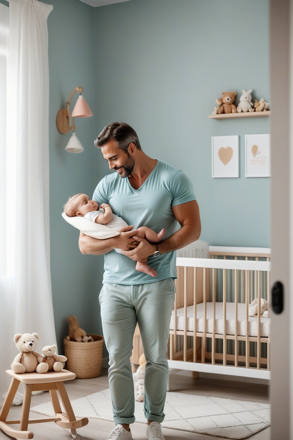 imagine the following scene In a pastel-colored baby room with a crib,  mobiles and toys is a handsome mature man with a b...