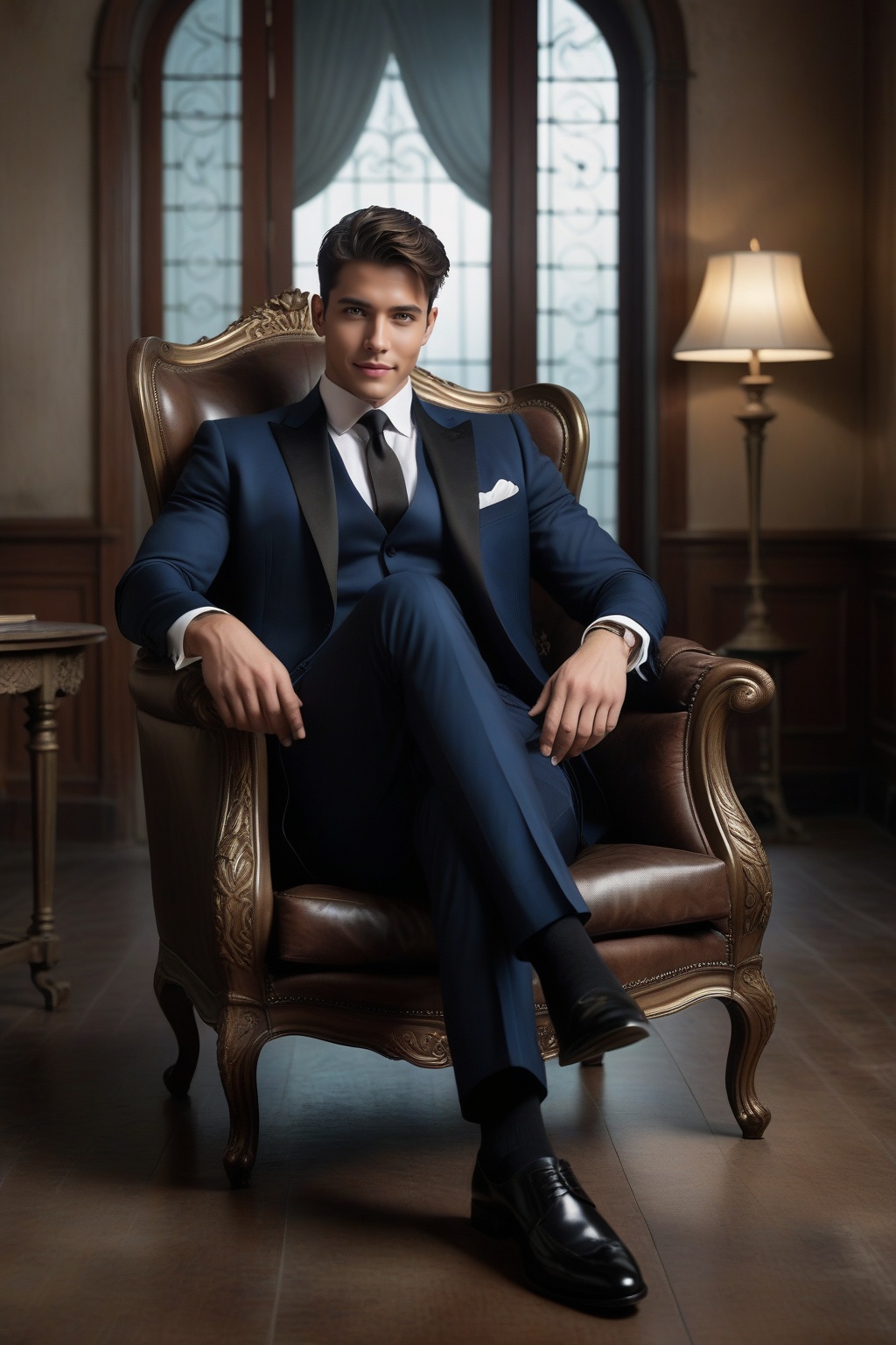 imagine the following surreal scene A completely white and empty room. A beautiful man sitting in the center. The man is I...