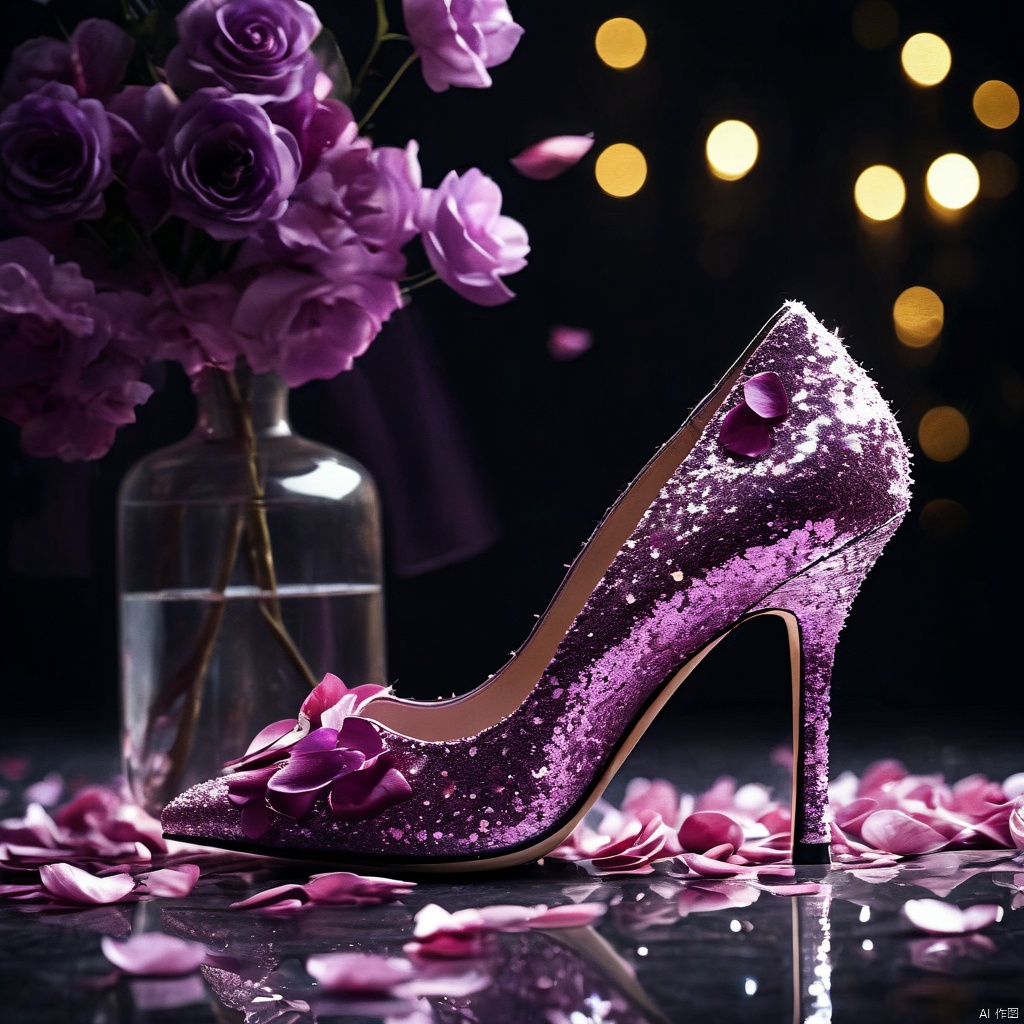 (8k, RAW photo, best quality, masterpiece:1.2),,ggx-hd,no humans, still life, petals, reflection, flower, sparkle, purple theme, shoes, blurry, reflective floor,
