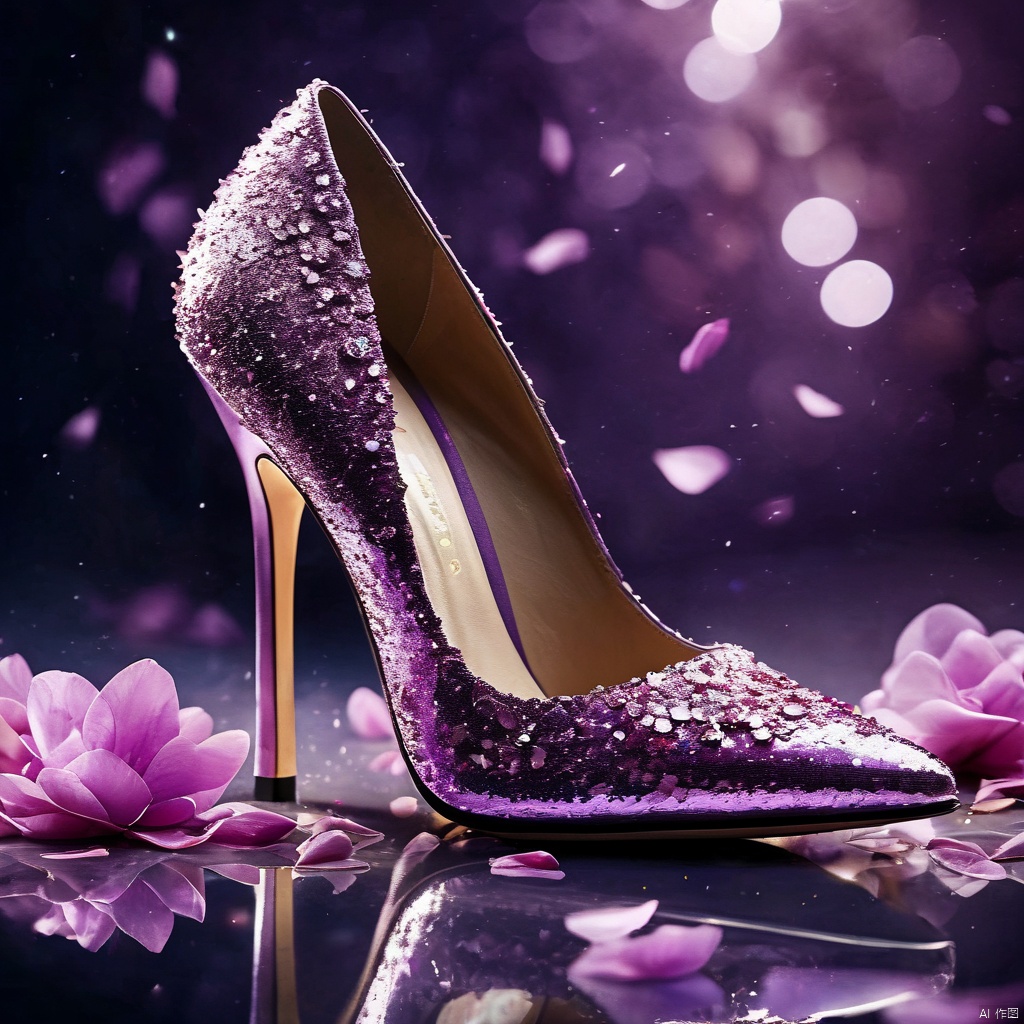 (8k, RAW photo, best quality, masterpiece:1.2),,ggx-hd,no humans, still life, petals, reflection, flower, sparkle, purple theme, shoes, blurry, reflective floor,