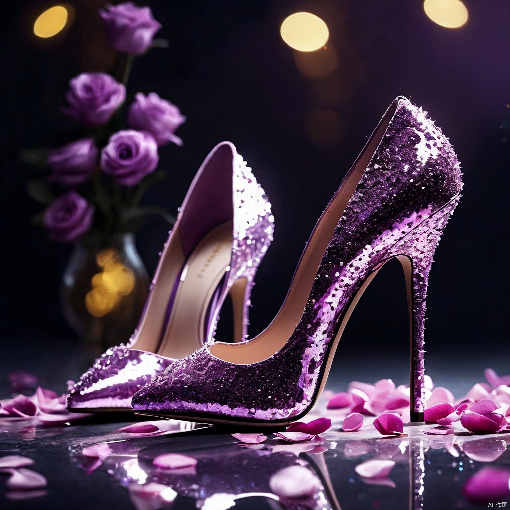 (8k, RAW photo, best quality, masterpiece:1.2),,ggx-hd,no humans, still life, petals, reflection, flower, sparkle, purple theme, shoes, blurry, reflective floor,