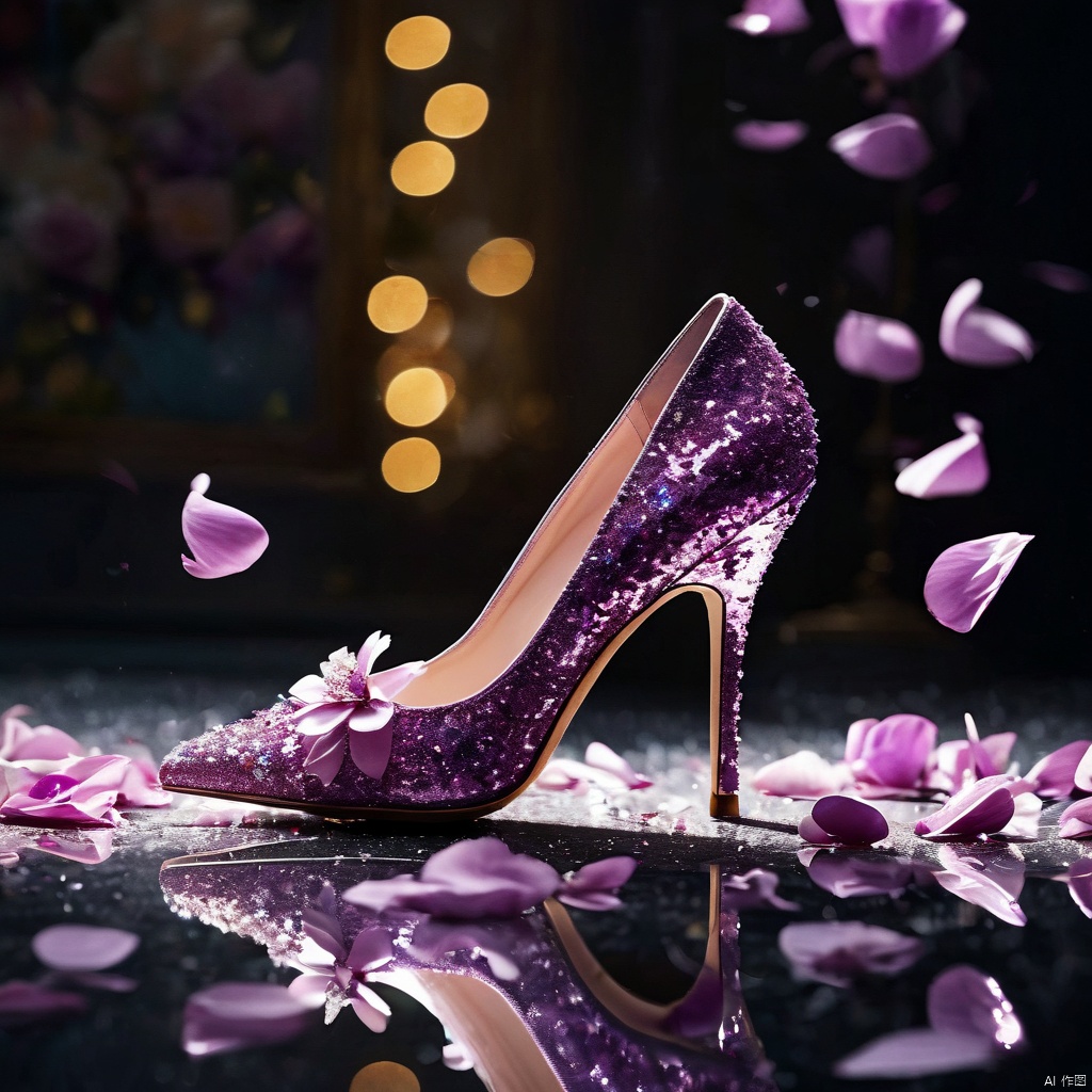 (8k, RAW photo, best quality, masterpiece:1.2),,ggx-hd,no humans, still life, petals, reflection, flower, sparkle, purple theme, shoes, blurry, reflective floor,