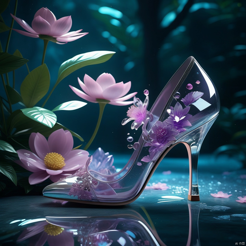 (8k, RAW photos, best quality, masterpiece: 1.2), ggx hd, no humans, still life photography, petals, water reflection, flowers, glitter, purple theme, crystal glass shoes, blurry, reflective flooring, Chinese 3D landscape painting background, (complex carving background), Chinese Song Dynasty landscape painting, blue theme, surrealist fantasy style, organic fluid, ray tracing, colored flowers, flower foreground occlusion, natural light, Jungle, c4d, OC rendering,

