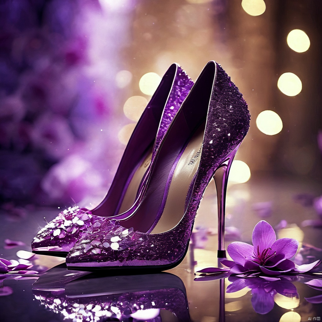 (8k, RAW photo, best quality, masterpiece:1.2),,ggx-hd,no humans, still life, petals, reflection, flower, sparkle, purple theme, shoes, blurry, reflective floor,