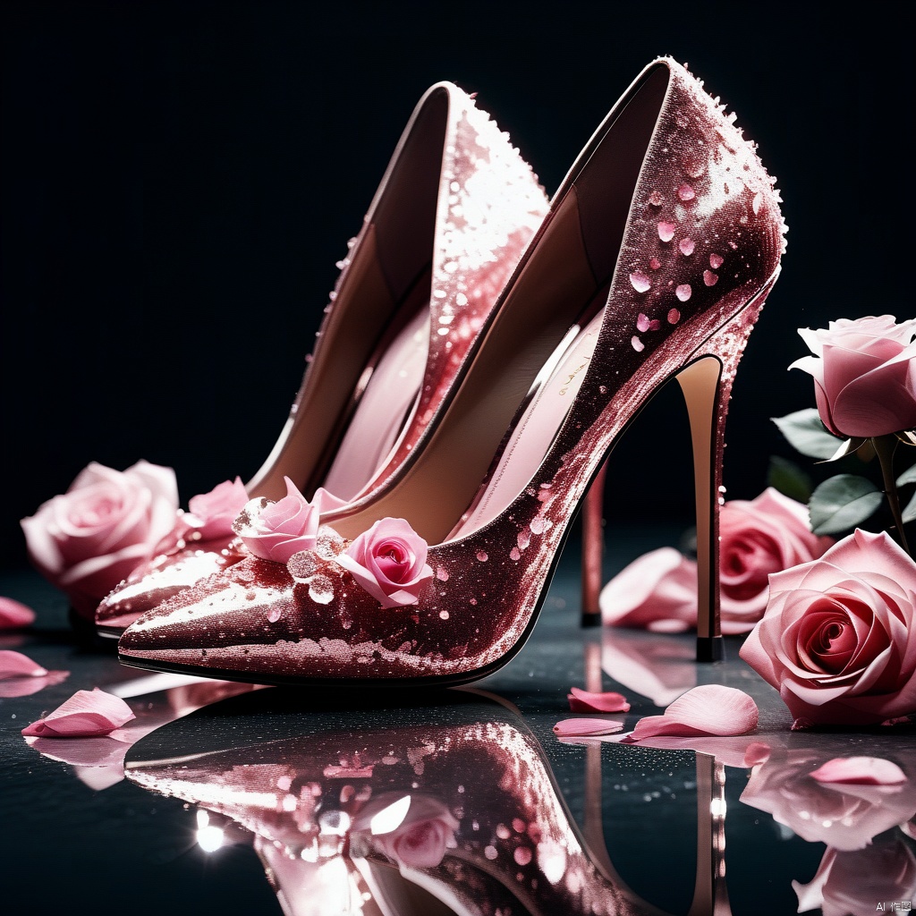 (8k, RAW photo, best quality, masterpiece:1.2),,no humans, flower, pink flower, petals, pink rose, rose, still life, blurry, sparkle, glint, reflection,high heels