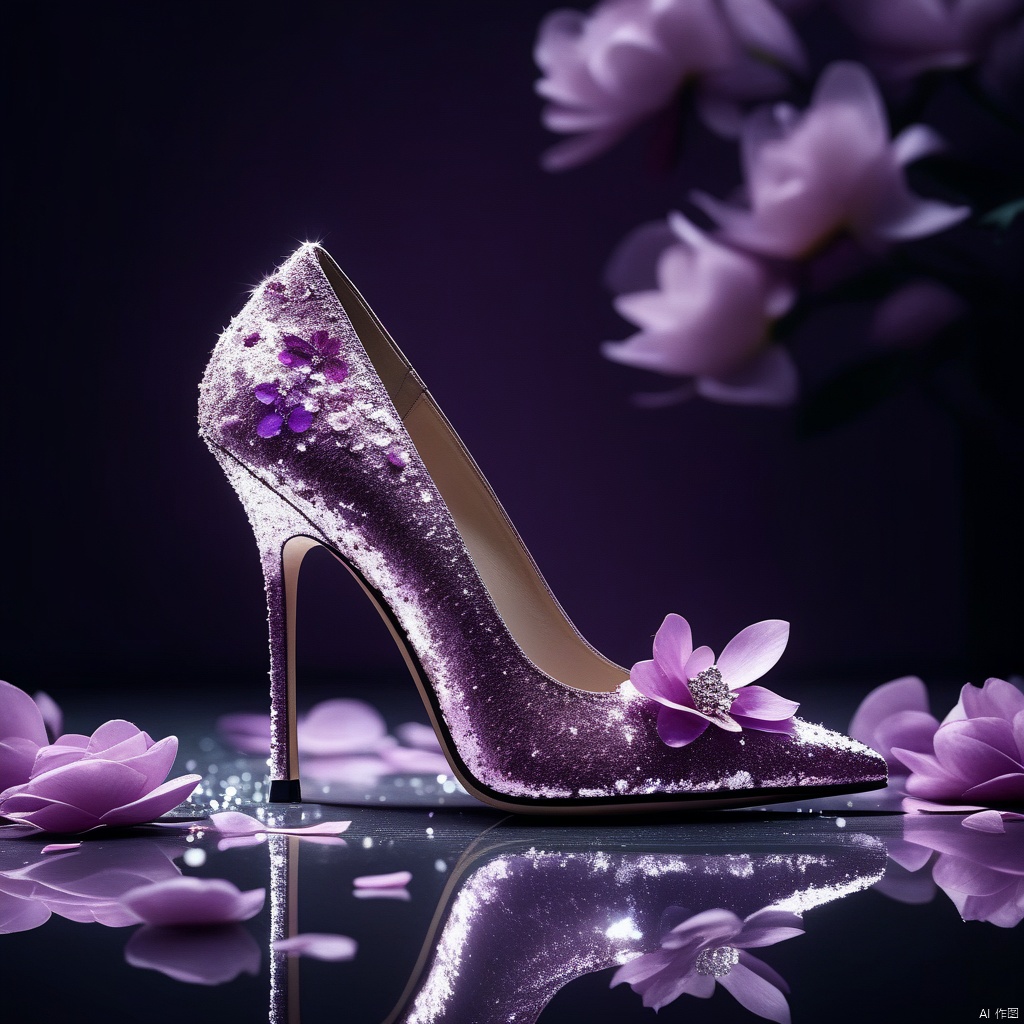 (8k, RAW photo, best quality, masterpiece:1.2),,ggx-hd,no humans, still life, petals, reflection, flower, sparkle, purple theme, shoes, blurry, reflective floor,