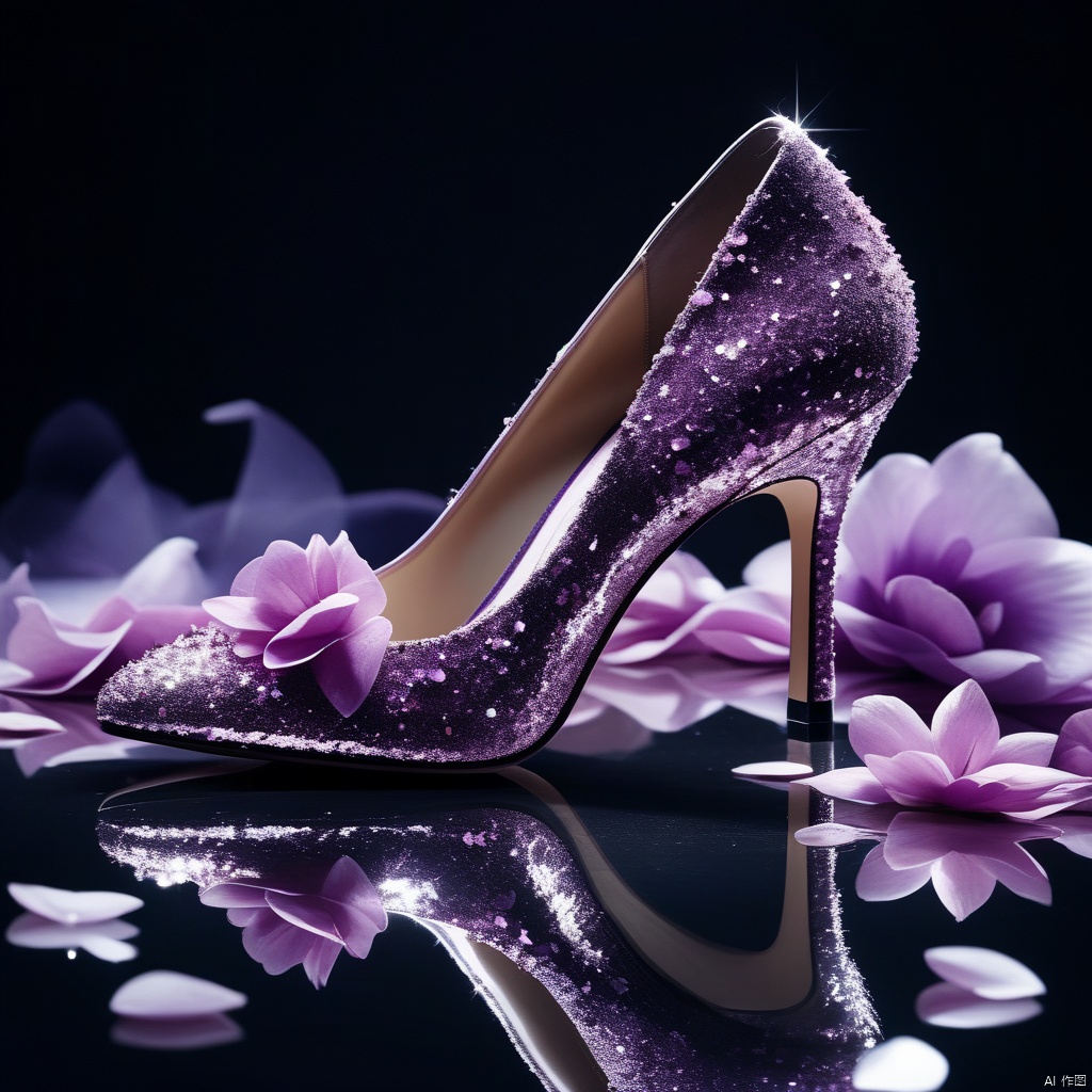 (8k, RAW photo, best quality, masterpiece:1.2),,ggx-hd,no humans, still life, petals, reflection, flower, sparkle, purple theme, shoes, blurry, reflective floor,