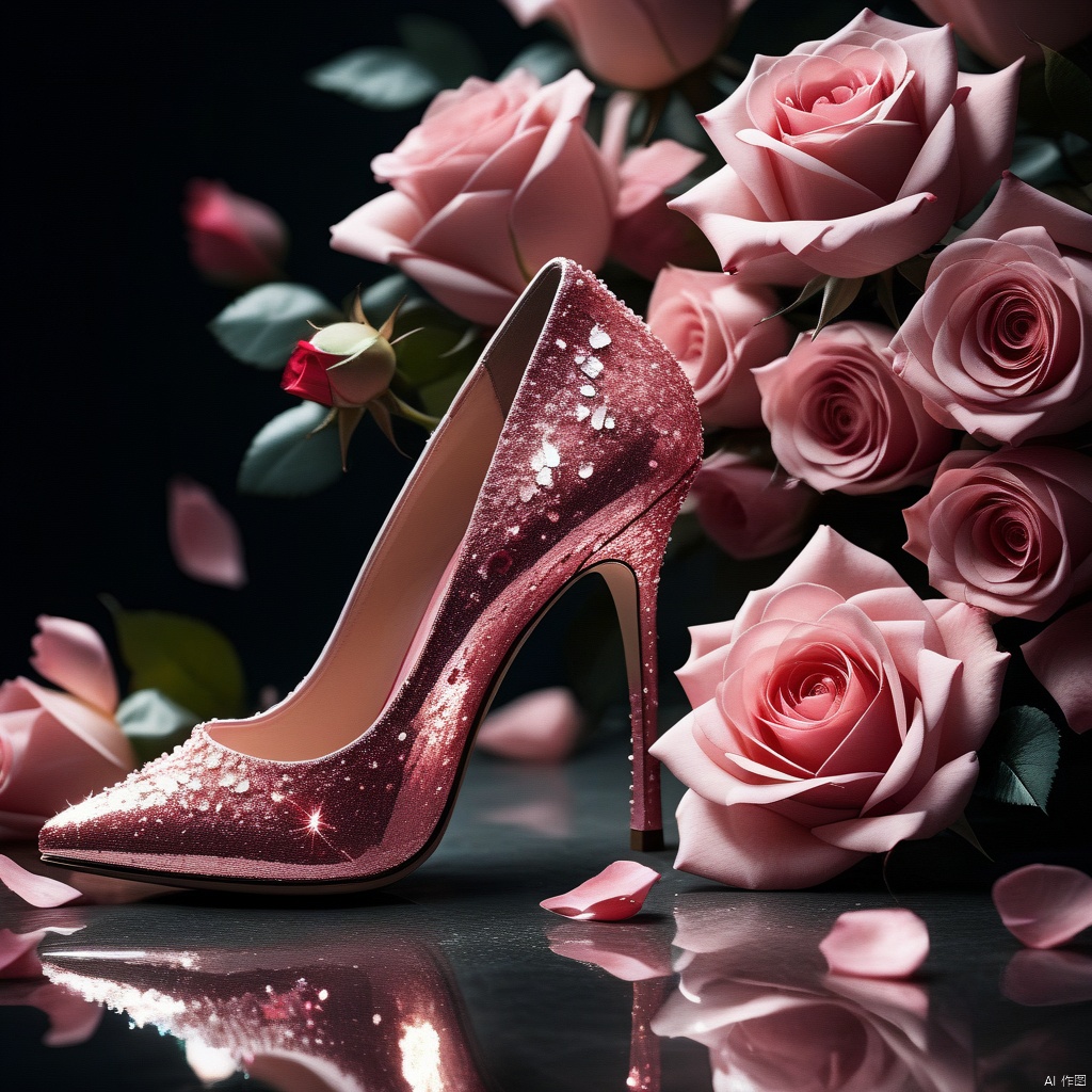 (8k, RAW photo, best quality, masterpiece:1.2),,no humans, flower, pink flower, petals, pink rose, rose, still life, blurry, sparkle, glint, reflection,high heels