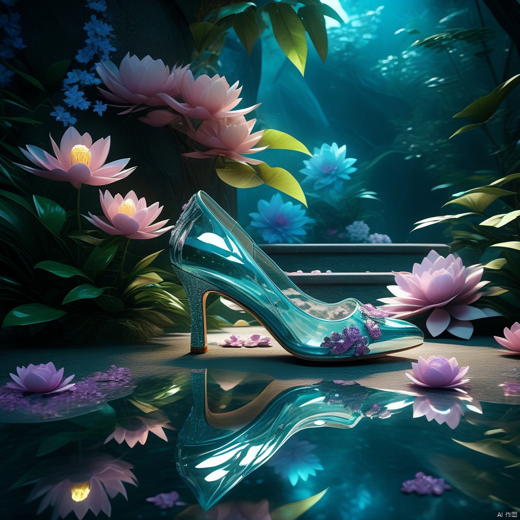 (8k, RAW photos, best quality, masterpiece: 1.2), ggx hd, no humans, still life photography, petals, water reflection, flowers, glitter, purple theme, crystal glass shoes, blurry, reflective flooring, Chinese 3D landscape painting background, (complex carving background), Chinese Song Dynasty landscape painting, blue theme, surrealist fantasy style, organic fluid, ray tracing, colored flowers, flower foreground occlusion, natural light, Jungle, c4d, OC rendering,

